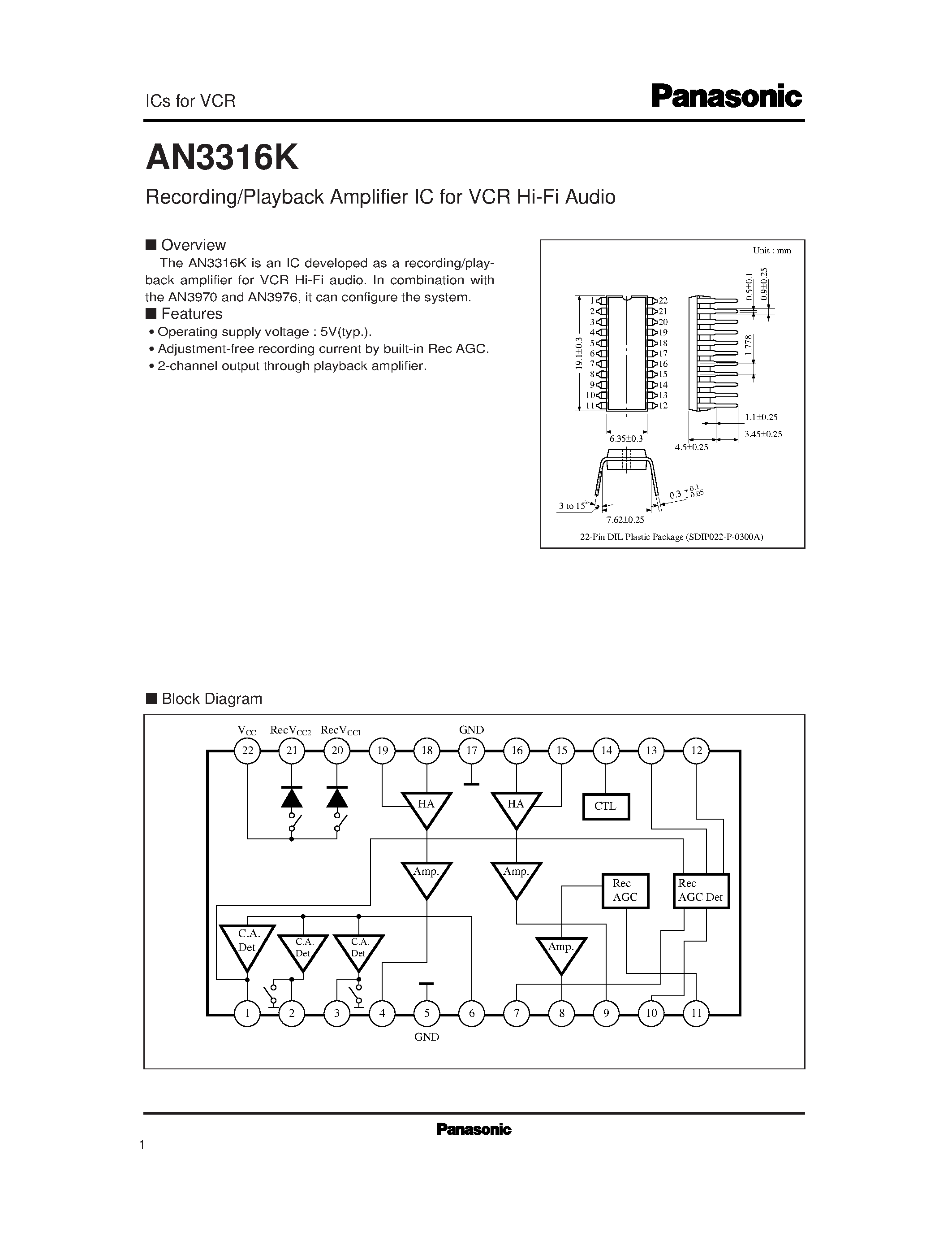 Даташит AN3328S - 2-head recording and playback amplifier IC A2 for HiFi VCR страница 1