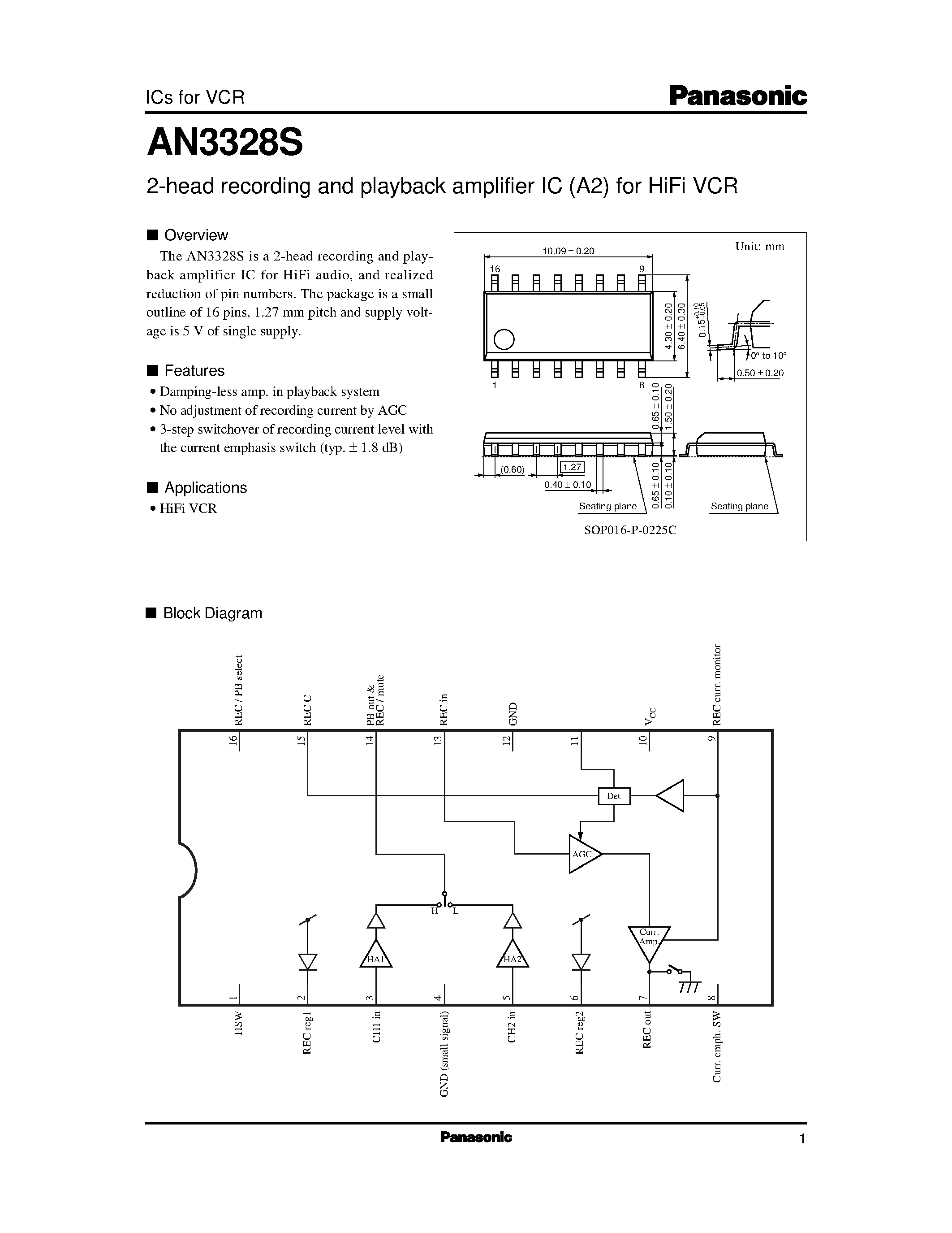 Datasheet AN3336 - 4-Head VCR Recording/Playback Amplifier IC page 1