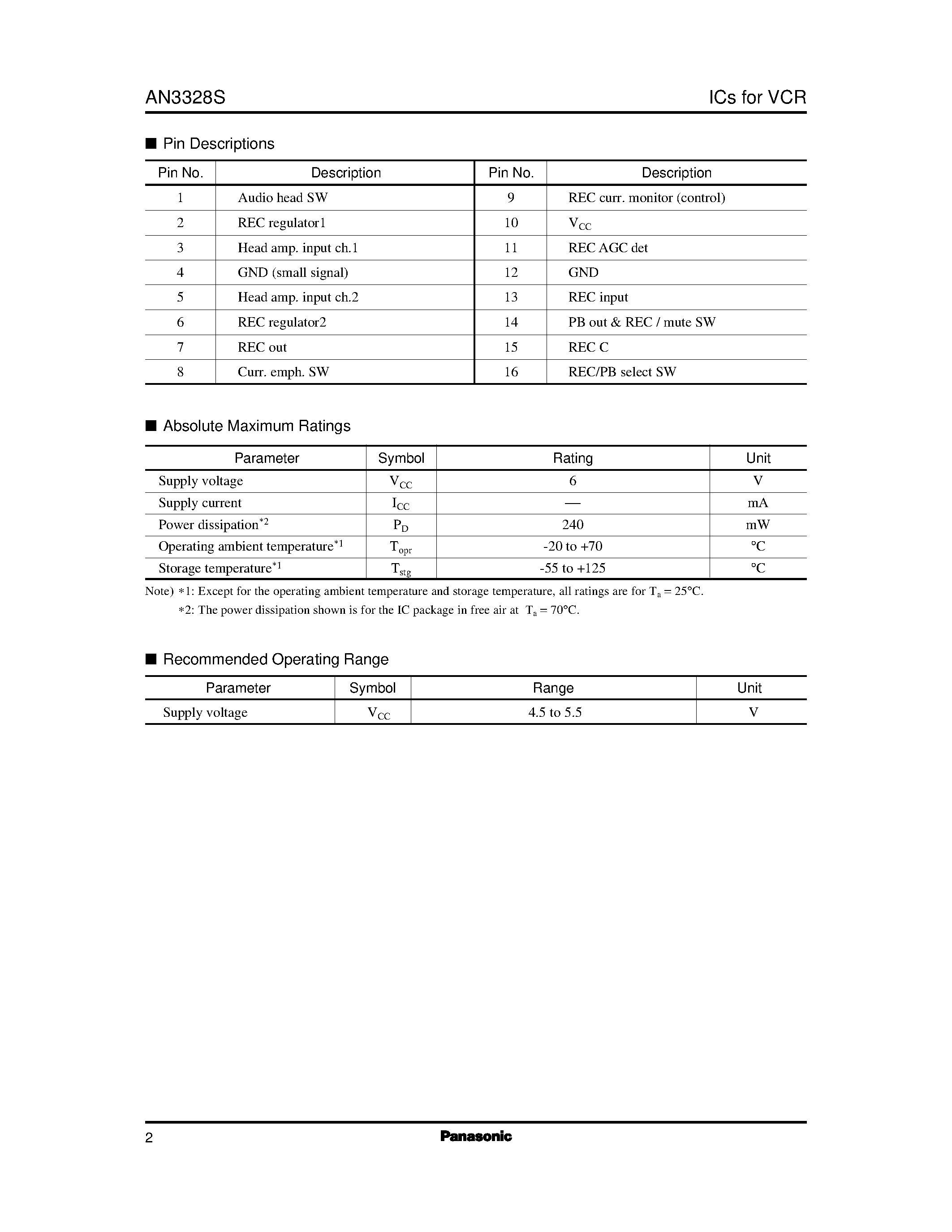 Datasheet AN3336 - 4-Head VCR Recording/Playback Amplifier IC page 2