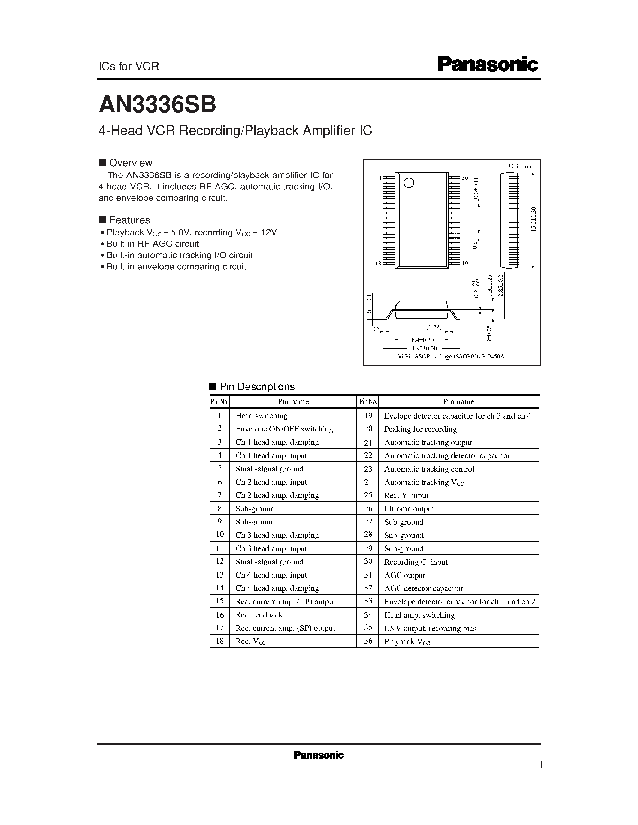 Datasheet AN3336SB - 4-Head VCR Recording/Playback Amplifier IC page 1