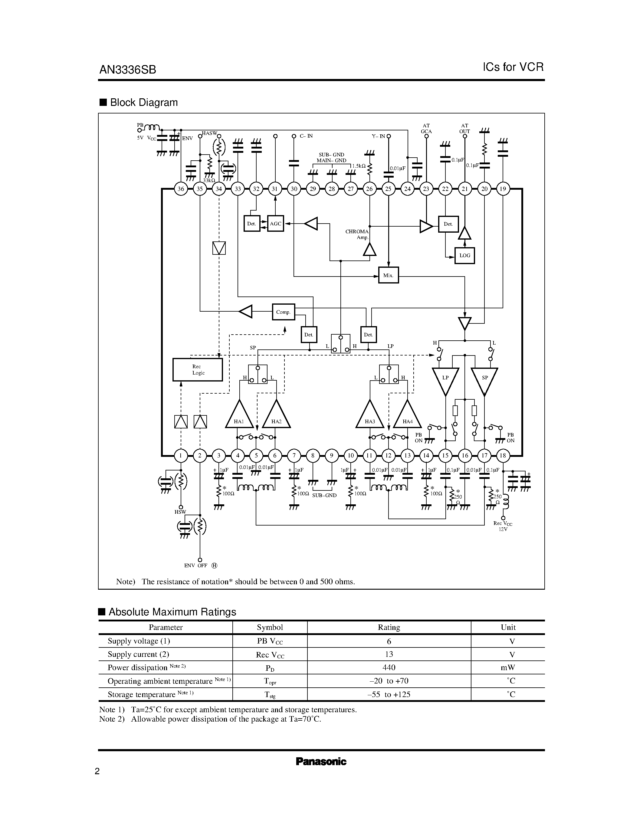 Datasheet AN3336SB - 4-Head VCR Recording/Playback Amplifier IC page 2