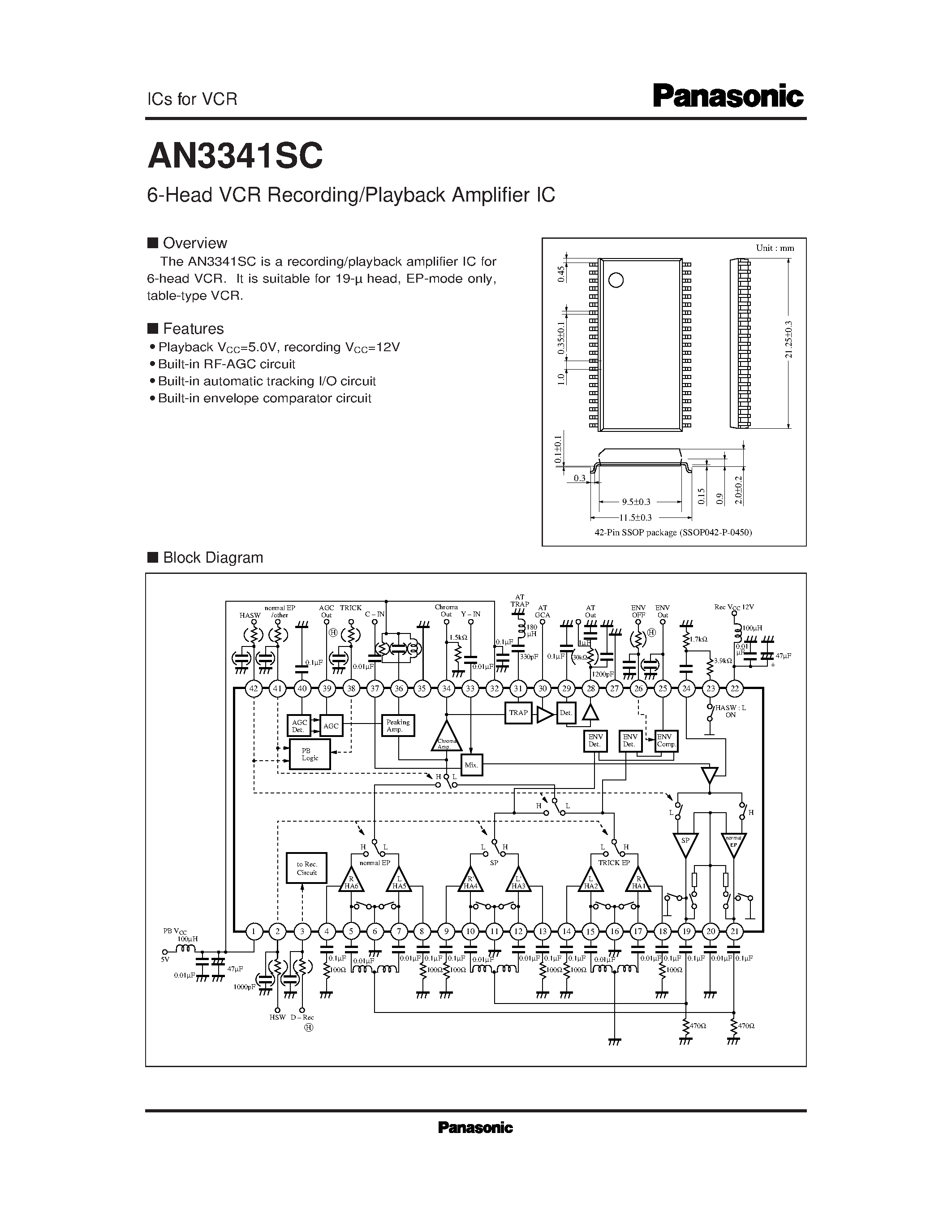 Даташит AN3358SH - 2-head recording and playback amplifier IC for 8 mm video camera страница 1