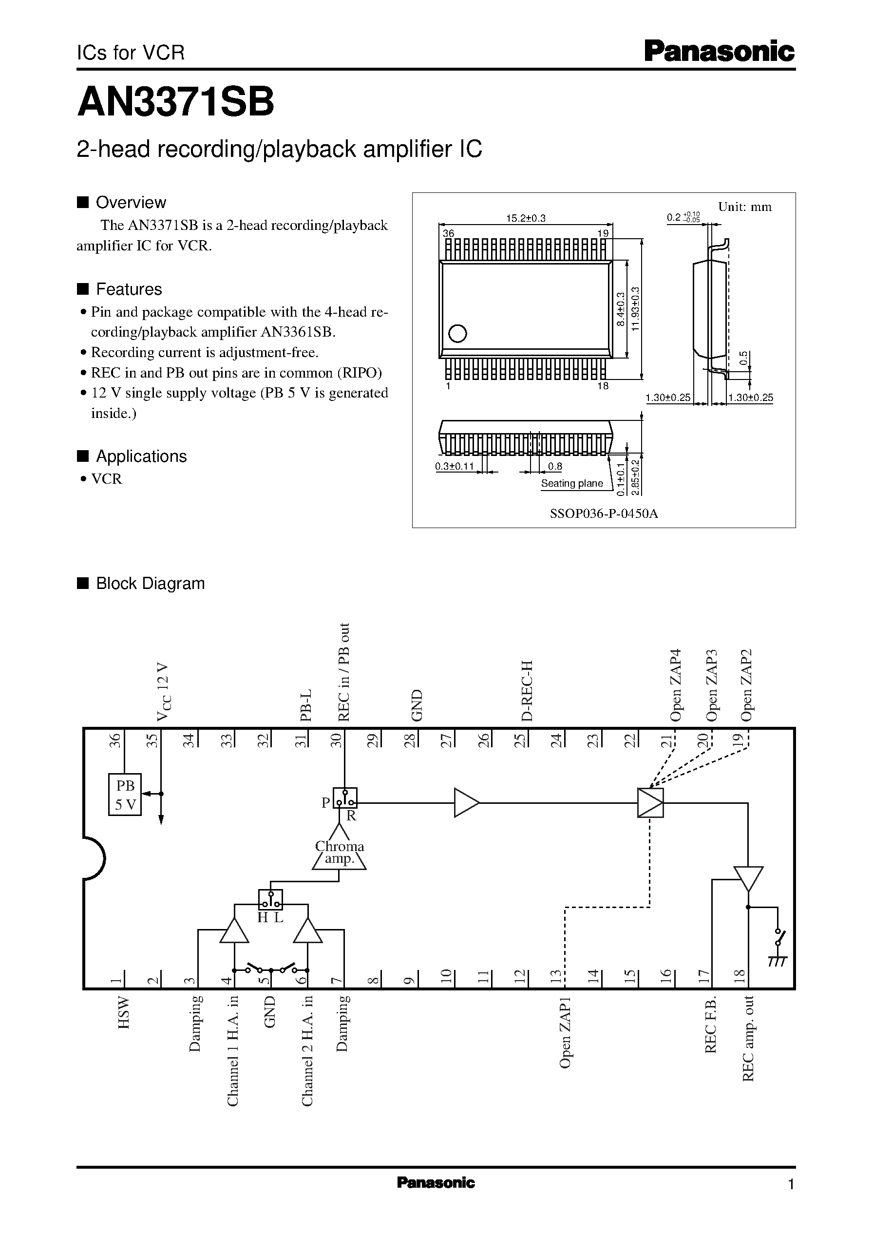 Datasheet AN3375S - 2-head recording/playback amplifier IC V2 for a stand-alone VHS-VCR page 1