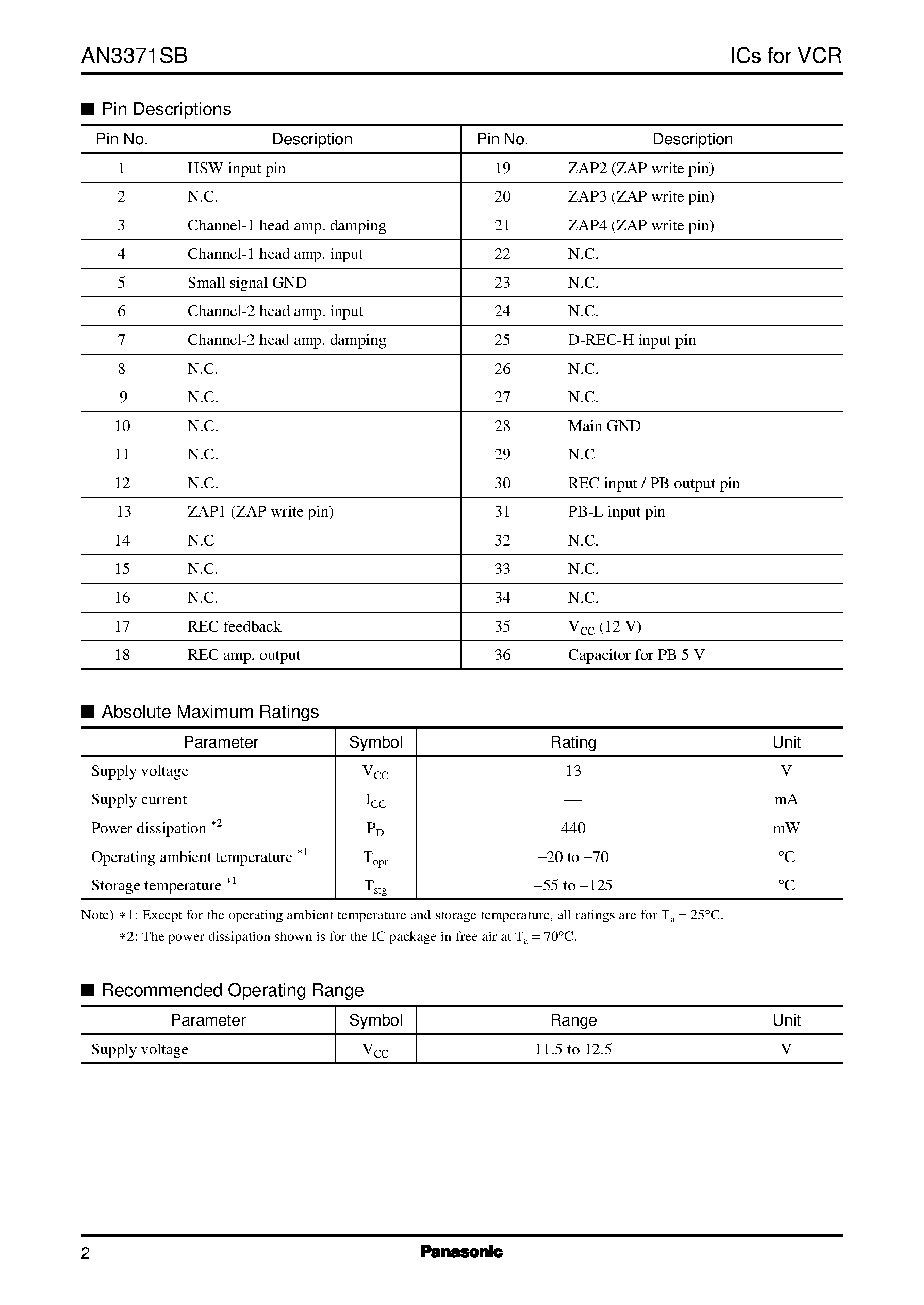 Datasheet AN3375S - 2-head recording/playback amplifier IC V2 for a stand-alone VHS-VCR page 2