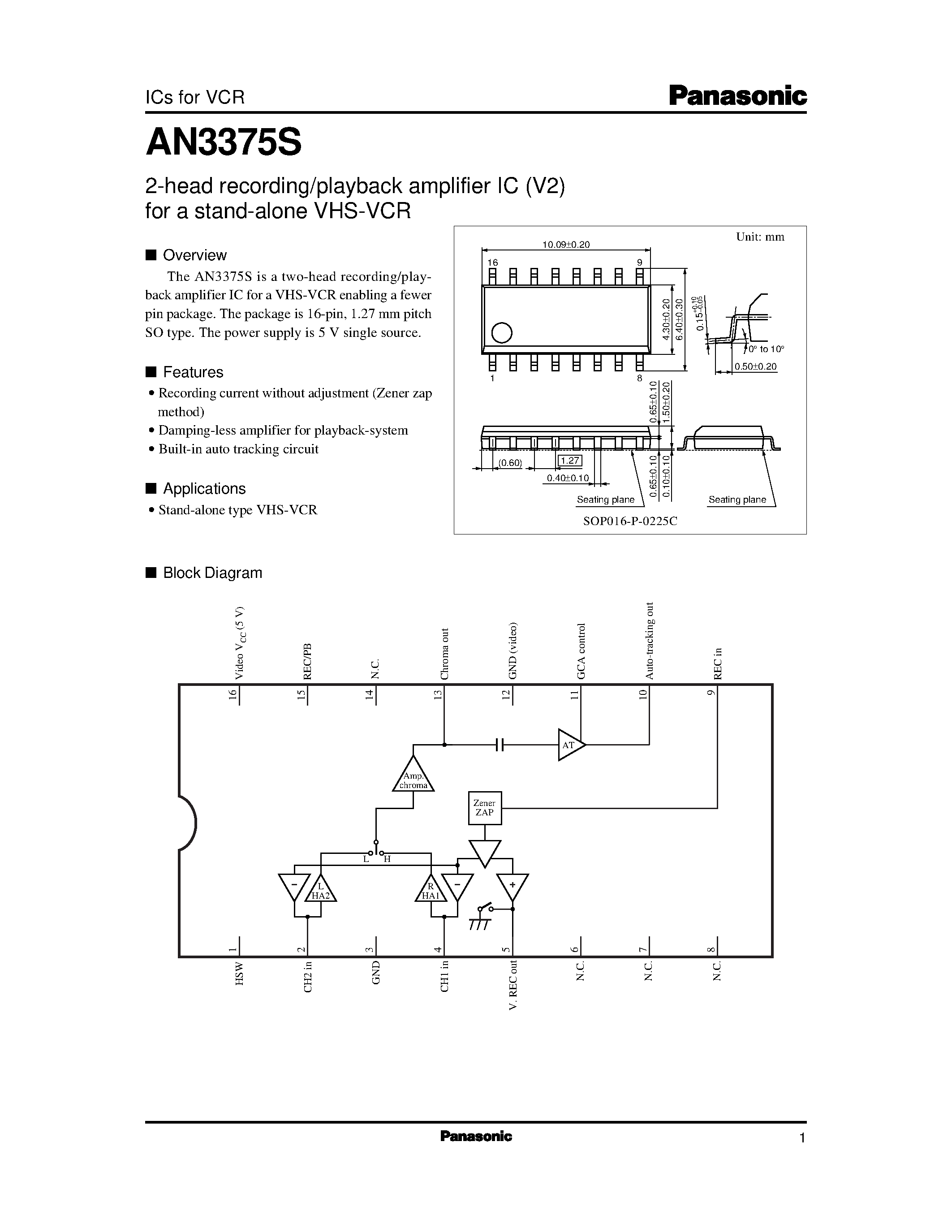 Datasheet AN3389SB - Recording/Playback Amplifier IC for 4-Head VCR page 1