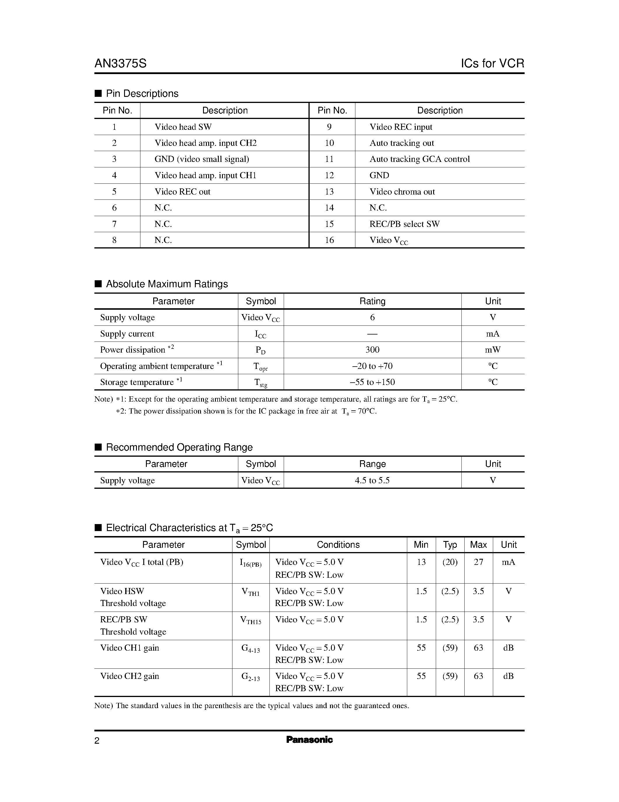 Datasheet AN3389SB - Recording/Playback Amplifier IC for 4-Head VCR page 2