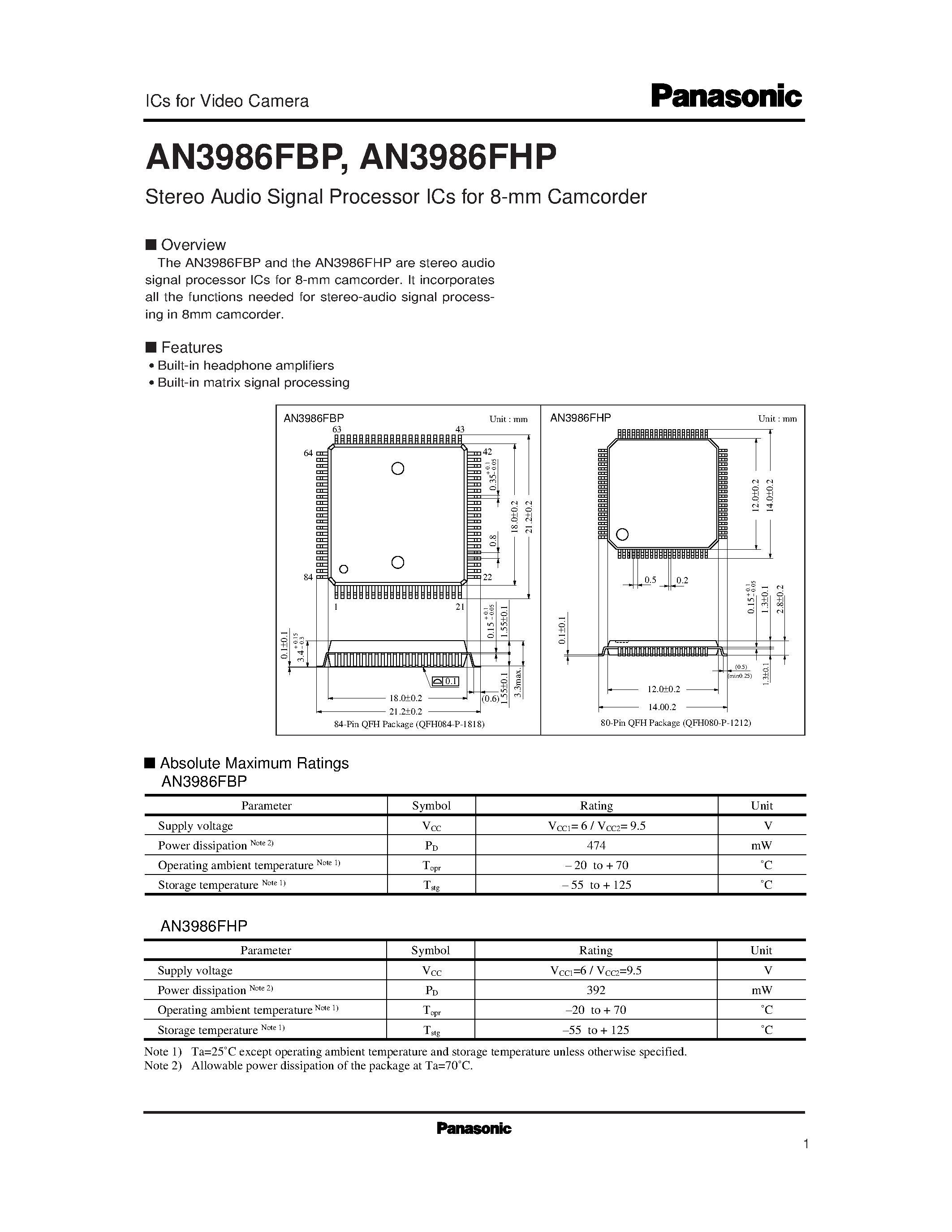 Даташит AN3986FHP - Stereo Audio Signal Processor ICs for 8-mm Camcorder страница 1