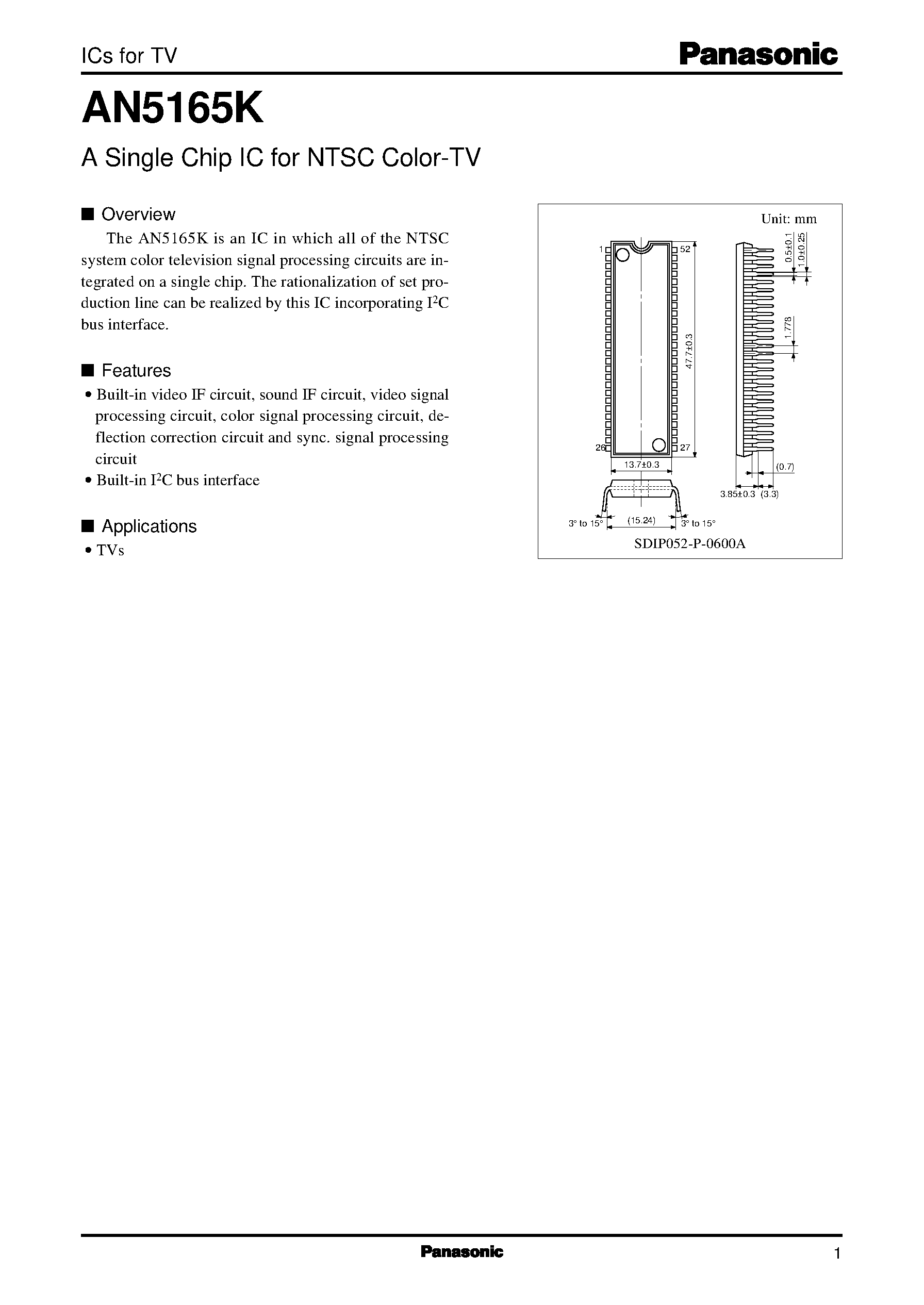 Datasheet AN5165K - A Single Chip IC for NTSC Color-TV page 1