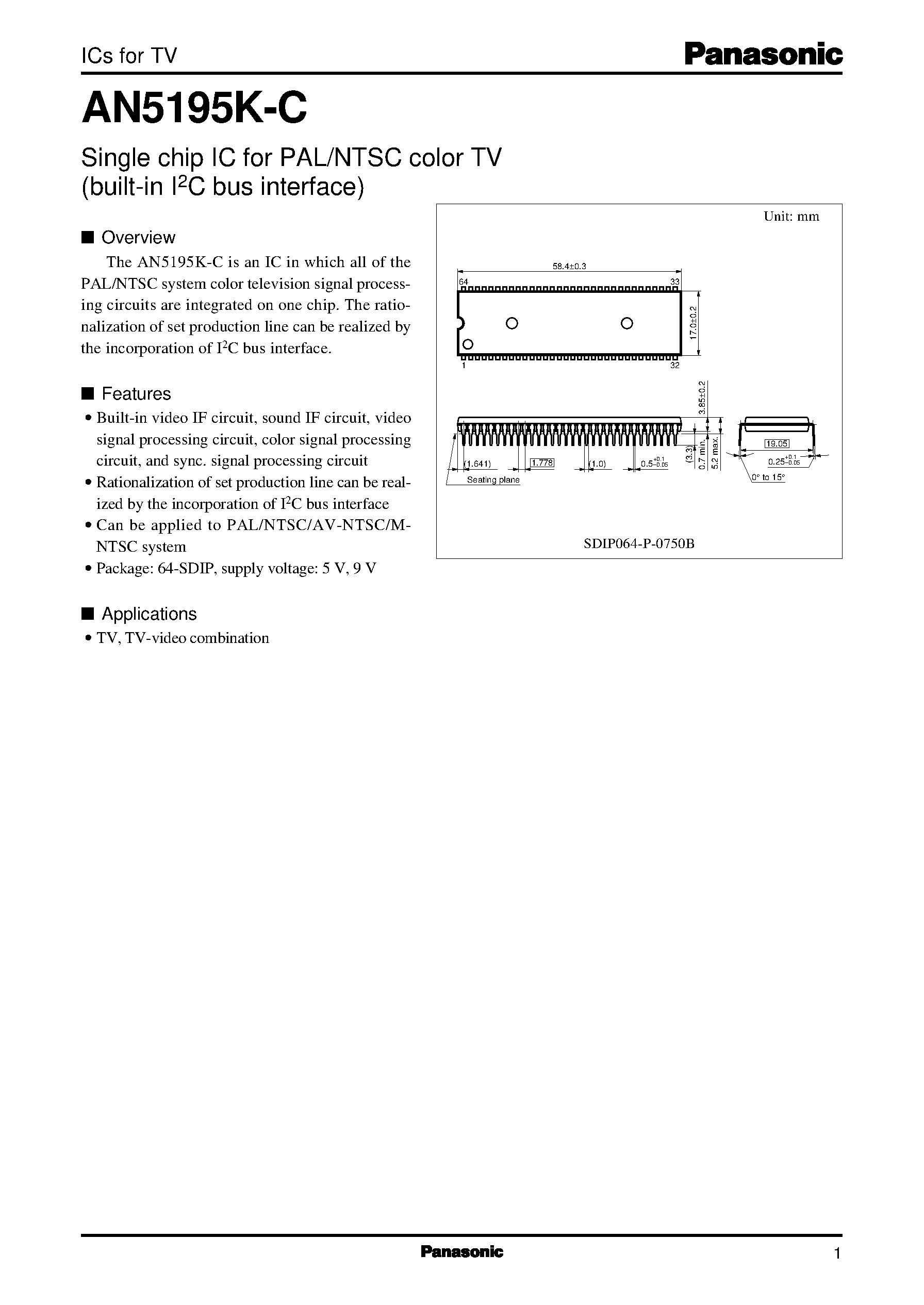 Datasheet AN5195K-C - Single chip IC for PAL/NTSC color TV (built-in I2C bus interface) page 1