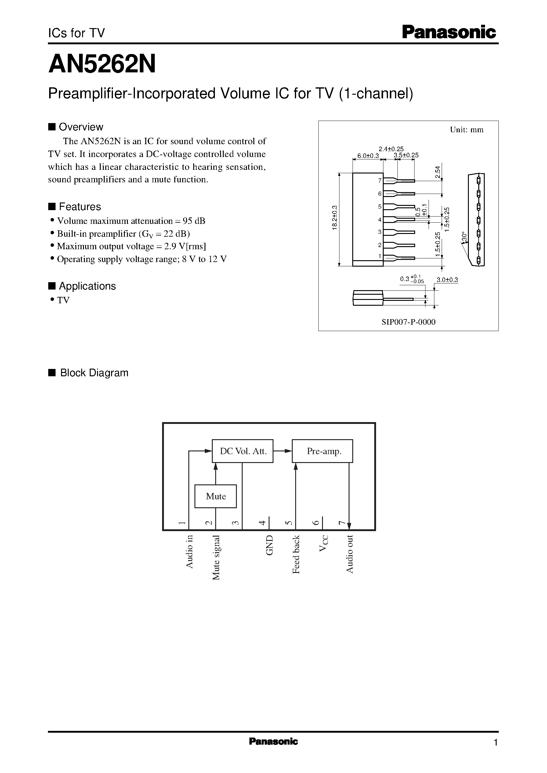 Даташит AN5262N - Preamplifier-Incorporated Volume IC for TV 1-channel страница 1