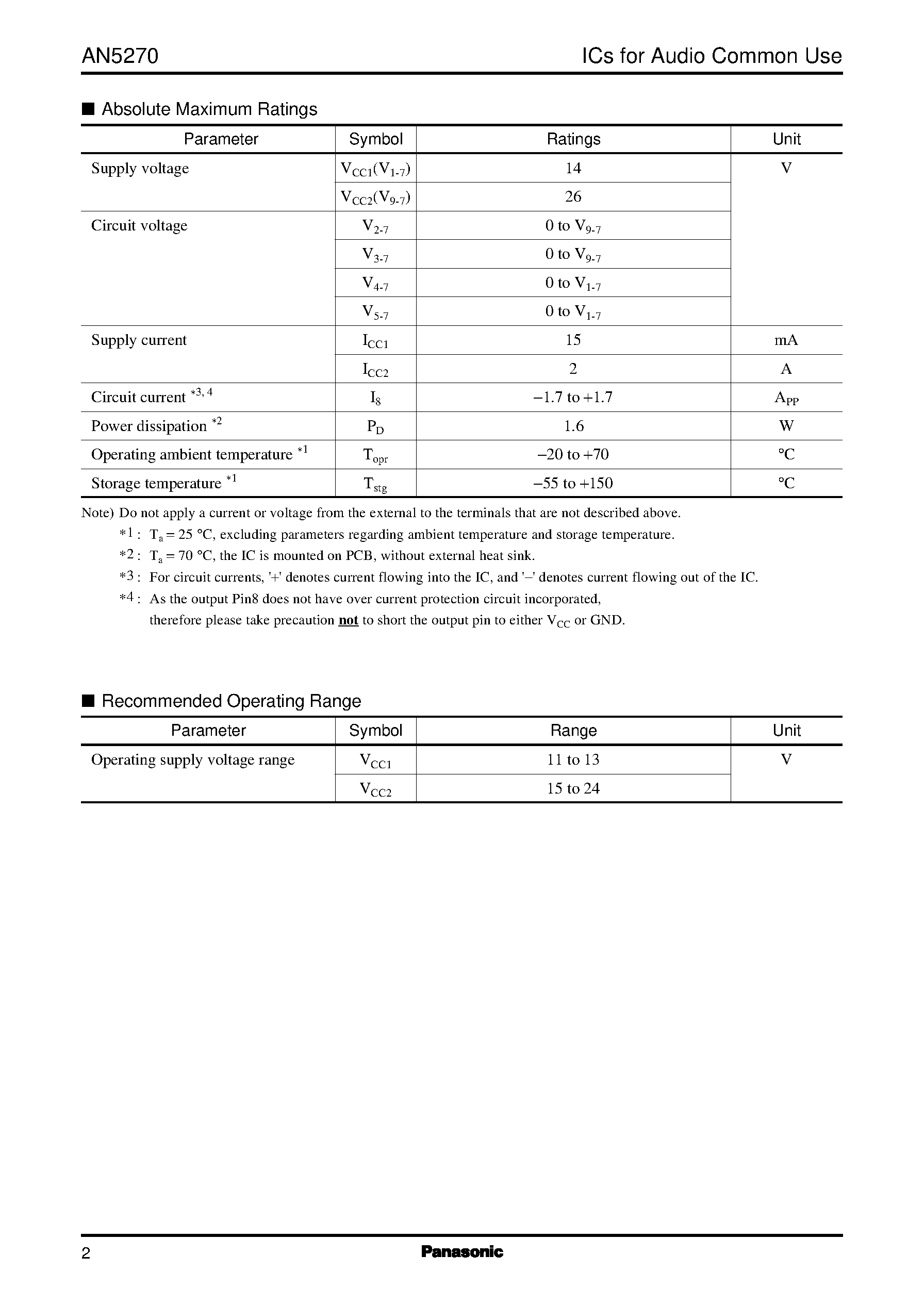 Datasheet AN5270 page 2 Datasheet AN5270 - 4.3 W X 1(8ohm) Power Amplifier with Volume Control and Tone Control page 2
