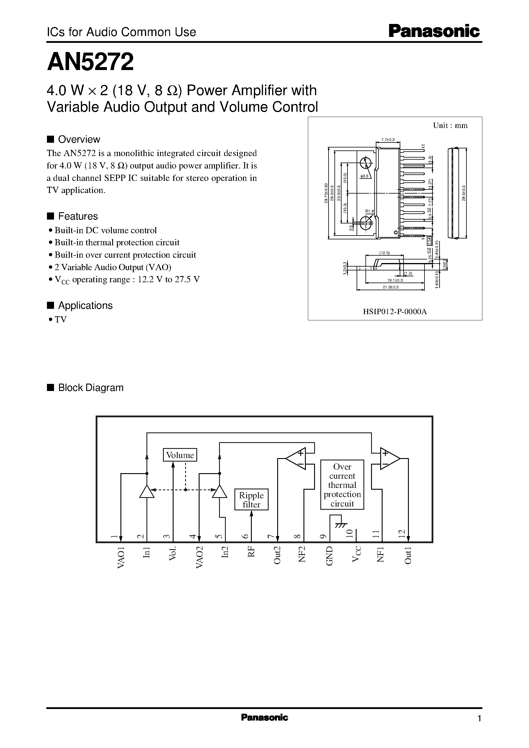 Даташит на микросхему AN5272 страница 1 Даташит AN5272 - 4.0 W X 2 (18 V/ 8 ohm) Power Amplifier with Variable Audio Output and Volume Control страница 1