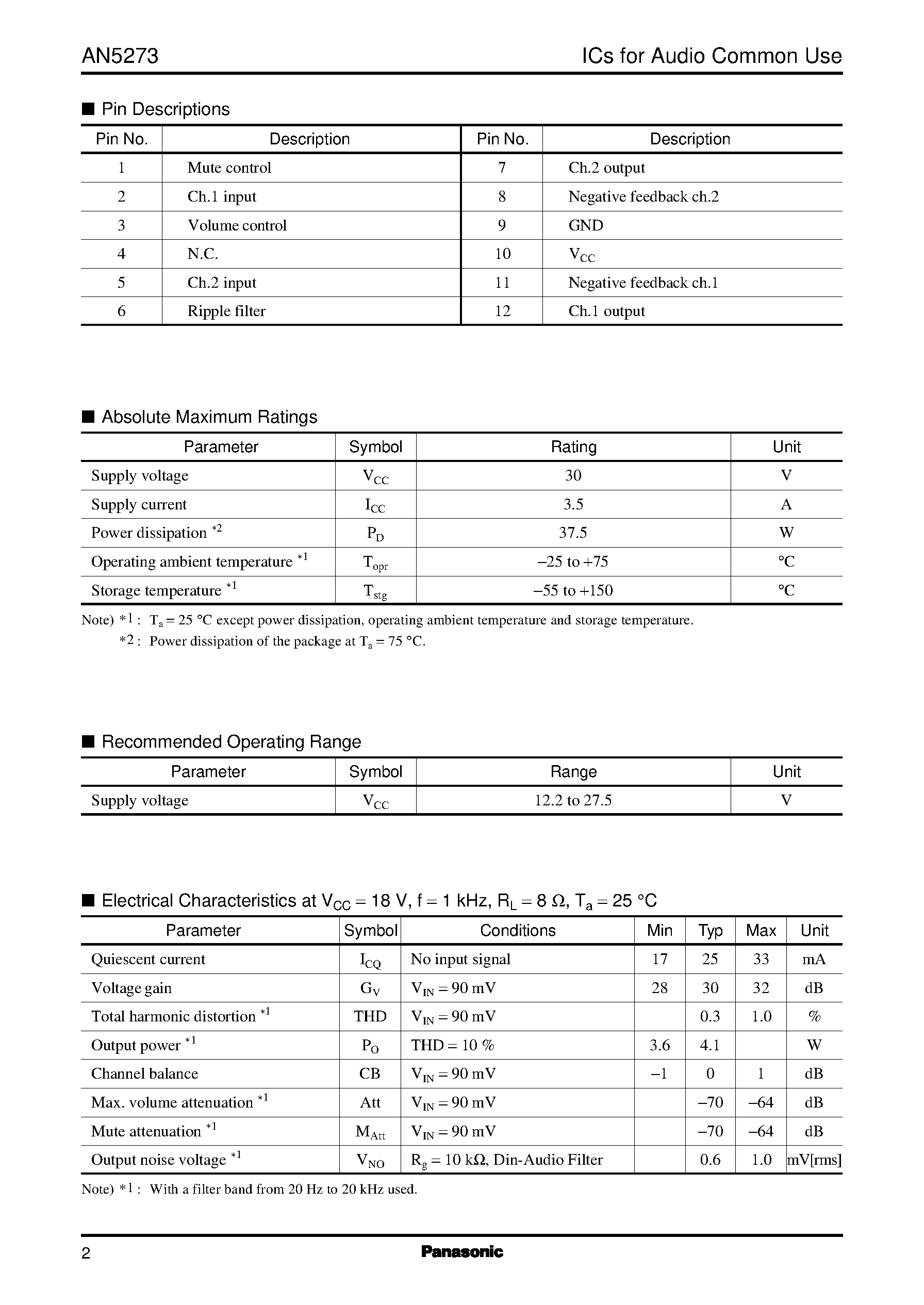 Даташит на микросхему AN5273 страница 2 Даташит AN5273 - 4.0 W X 2 (18 V/ 8 ohm) Power Amplifier with Mute Function and Volume Control страница 2