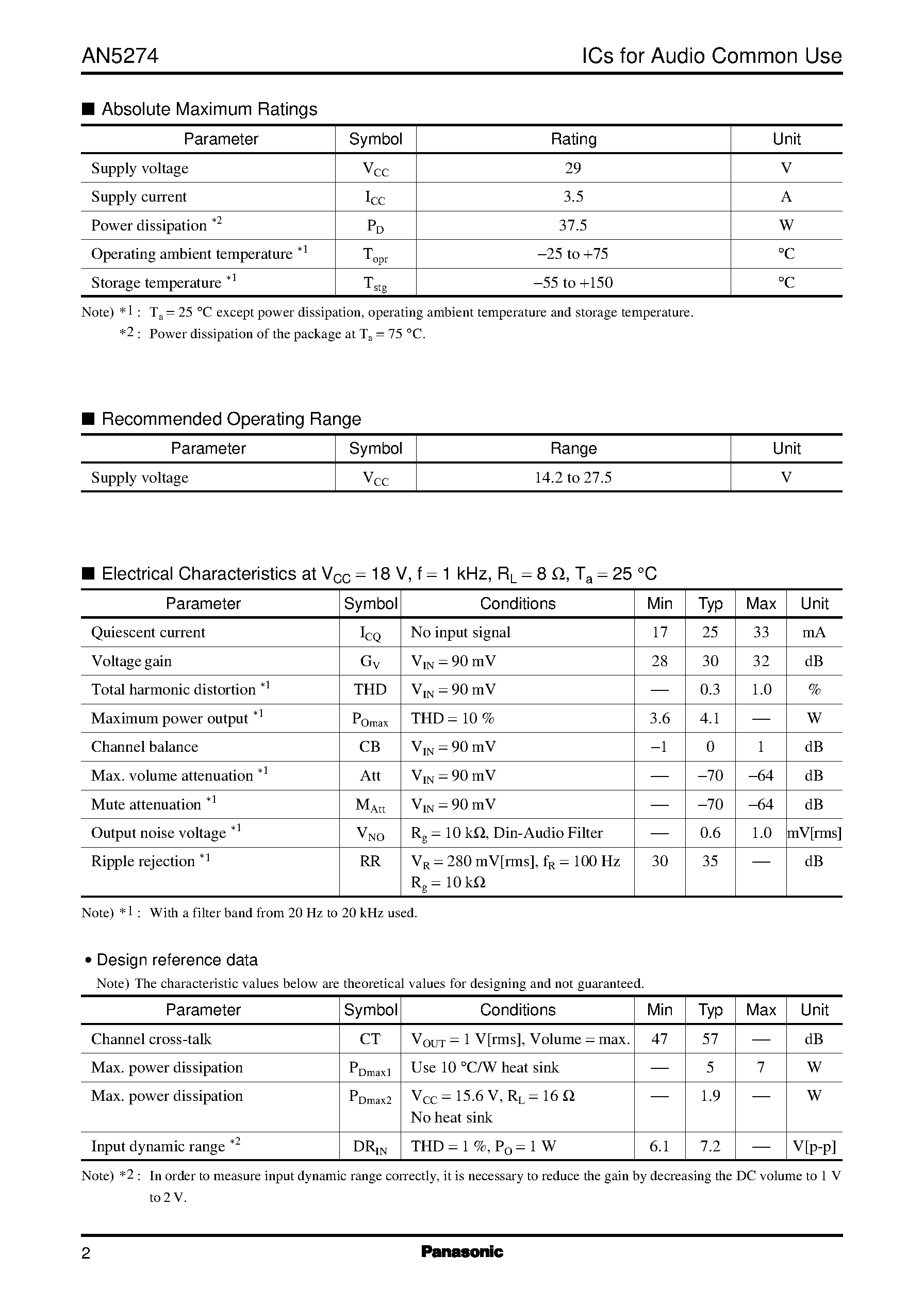 Даташит на микросхему AN5274 страница 2 Даташит AN5274 - 4.0 W X 2 (18 V/ 8 ohm) Power Amplifier with Mute Function and Volume Control страница 2