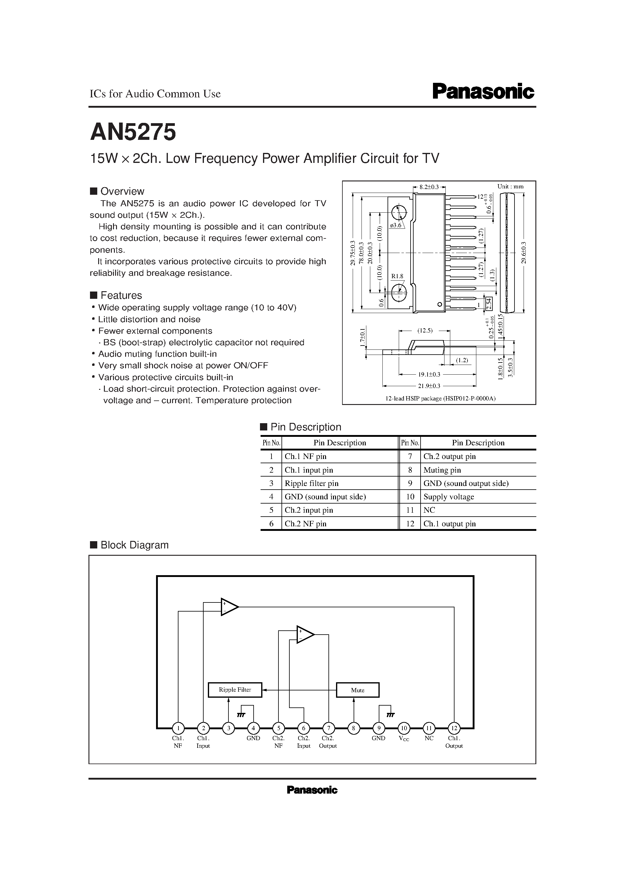 Даташит на микросхему AN5275 страница 1 Даташит AN5275 - 15W X 2Ch. Low Frequency Power Amplifier Circuit for TV страница 1