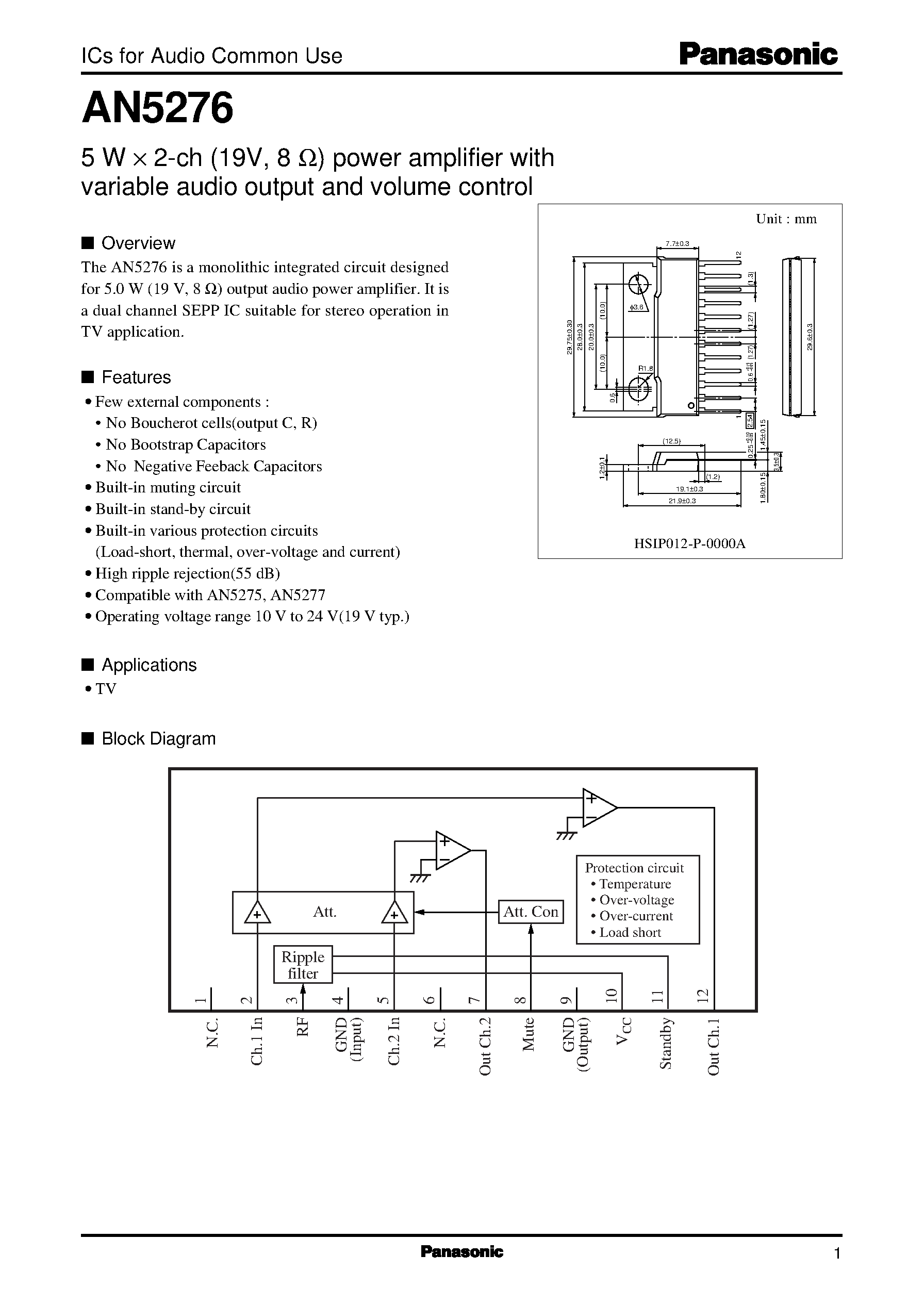Даташит на микросхему AN5276 страница 1 Даташит AN5276 - 5 W X 2-ch (19V/ 8 ohm) power amplifier with variable audio output and volume control страница 1