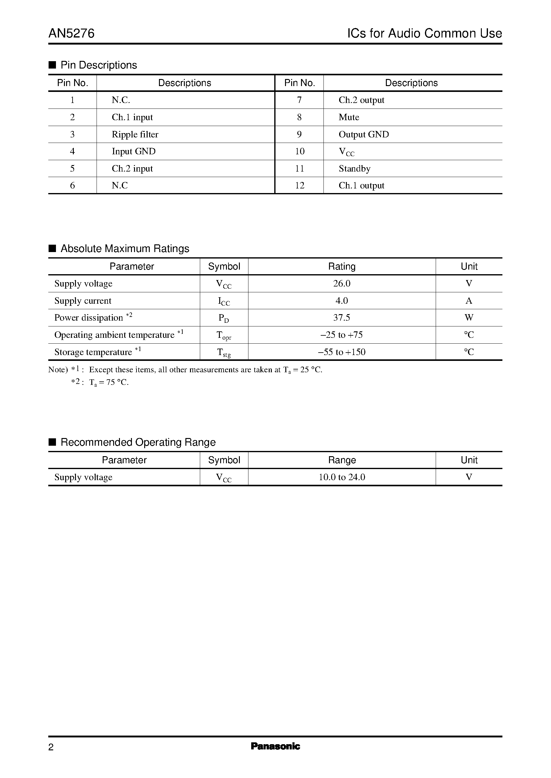 Даташит на микросхему AN5276 страница 2 Даташит AN5276 - 5 W X 2-ch (19V/ 8 ohm) power amplifier with variable audio output and volume control страница 2