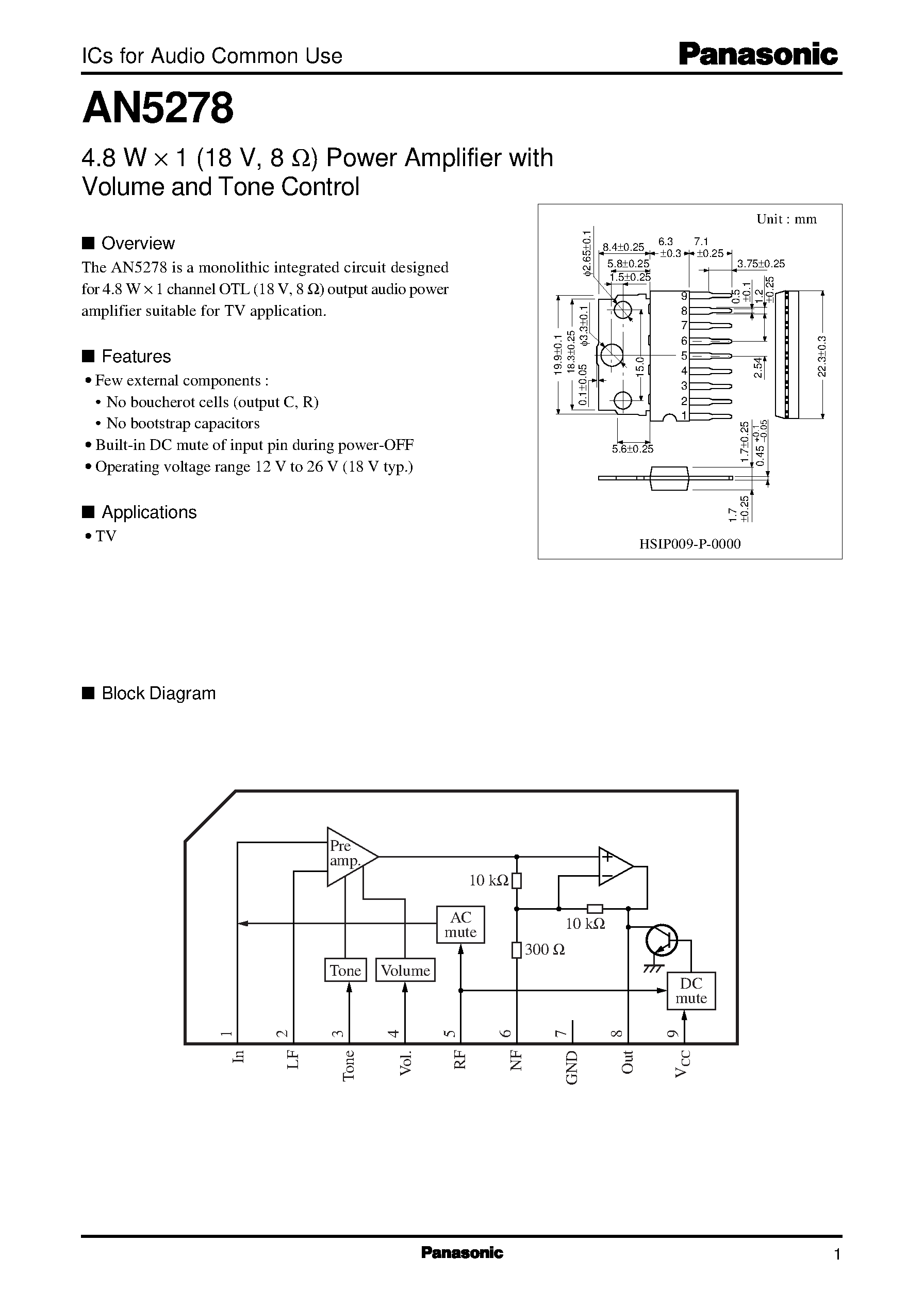 Datasheet AN5278 page 1 Datasheet AN5278 - 4.8 W X 1 (18 V/ 8 ohm) Power Amplifier with Volume and Tone Control page 1