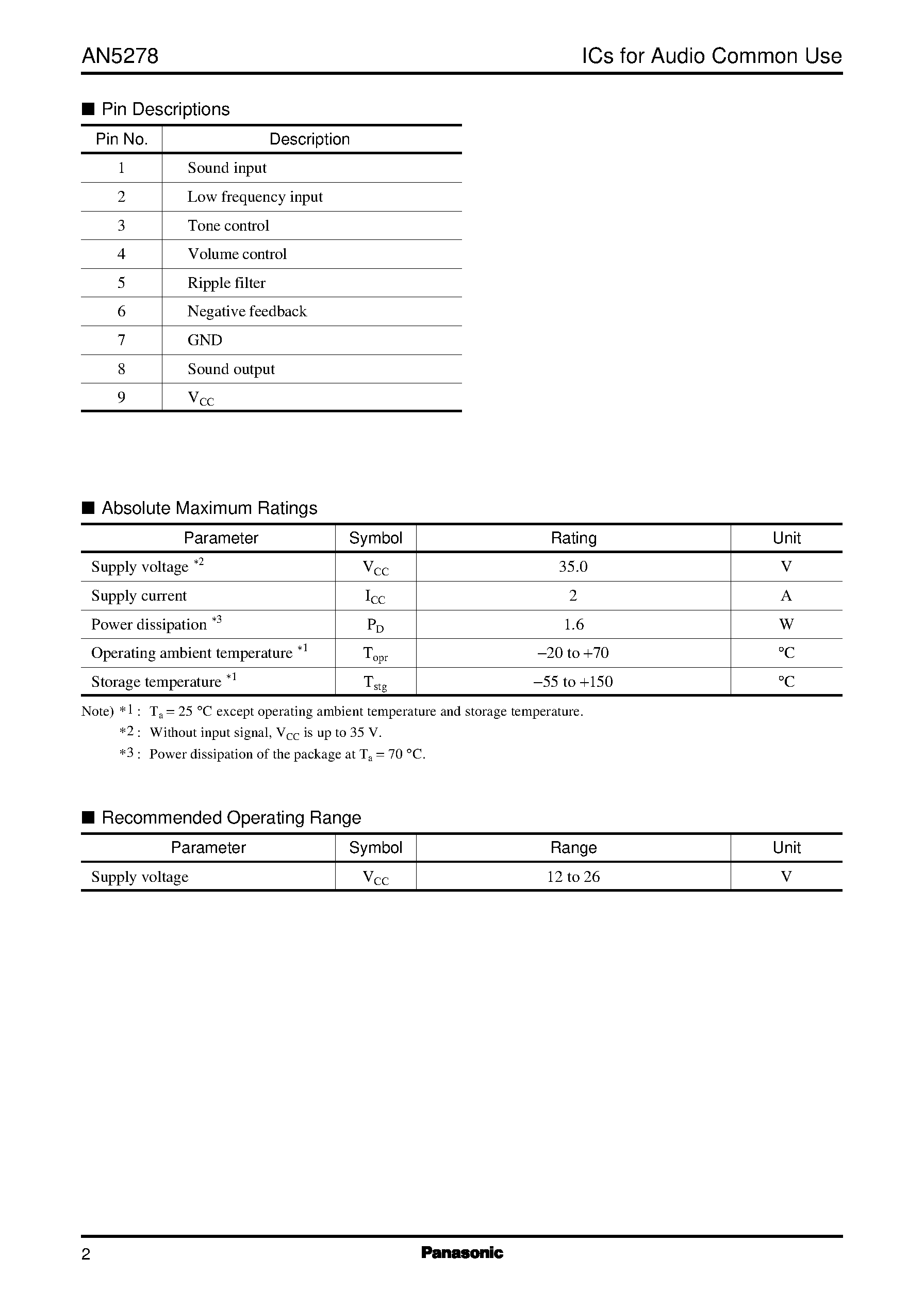 Datasheet AN5278 page 2 Datasheet AN5278 - 4.8 W X 1 (18 V/ 8 ohm) Power Amplifier with Volume and Tone Control page 2