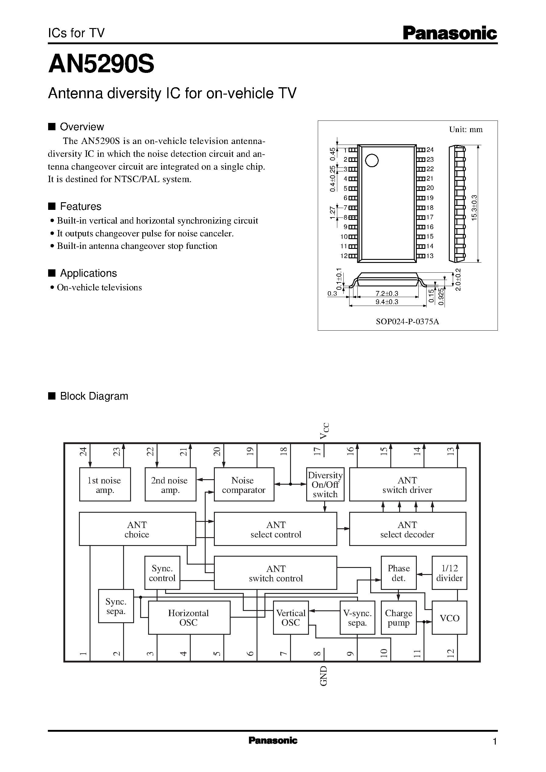 Datasheet AN5295 page 1 Datasheet AN5295 - 3-ch. sound signal processing single chip IC for TV with I2C bus page 1