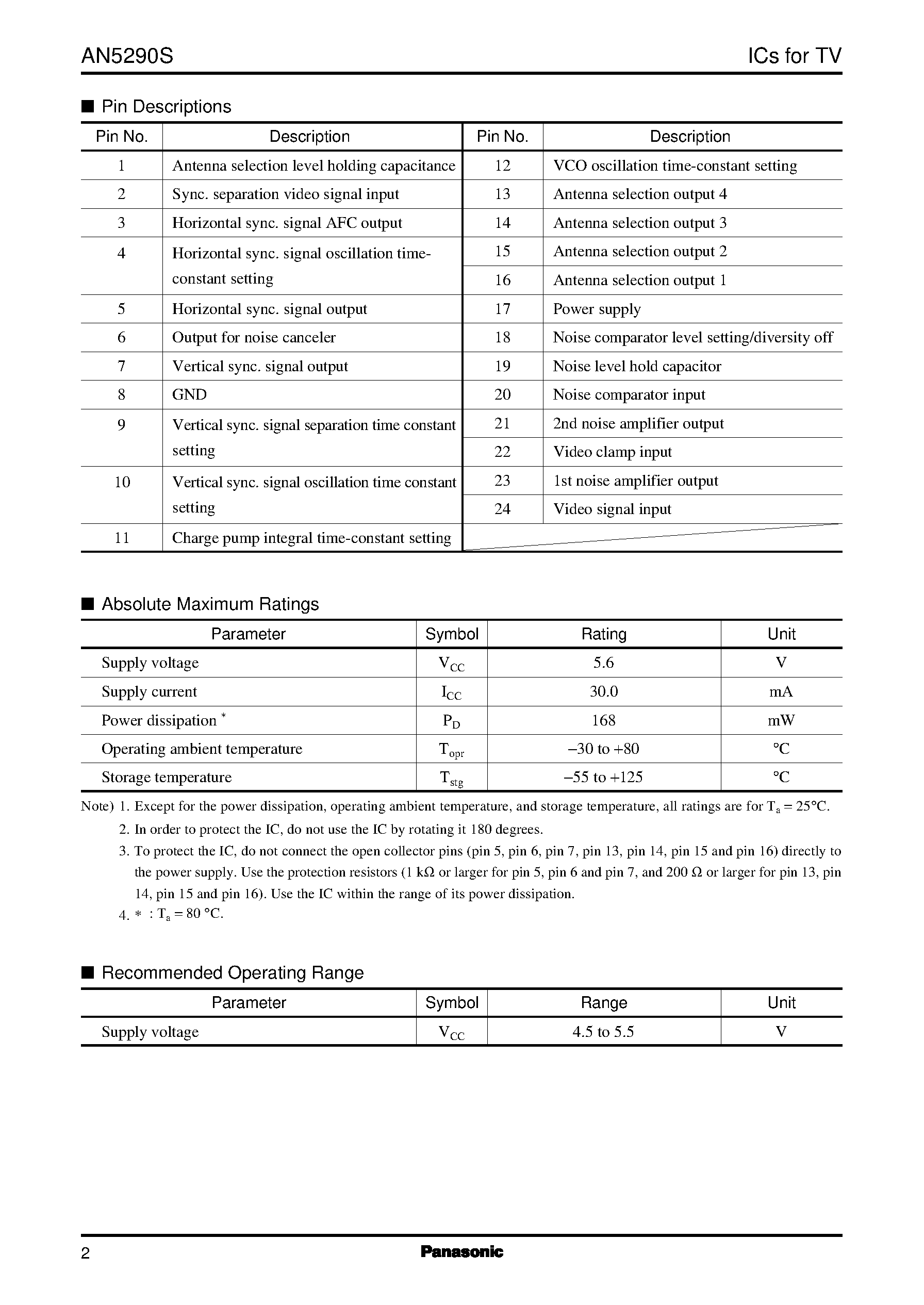 Datasheet AN5295 page 2 Datasheet AN5295 - 3-ch. sound signal processing single chip IC for TV with I2C bus page 2