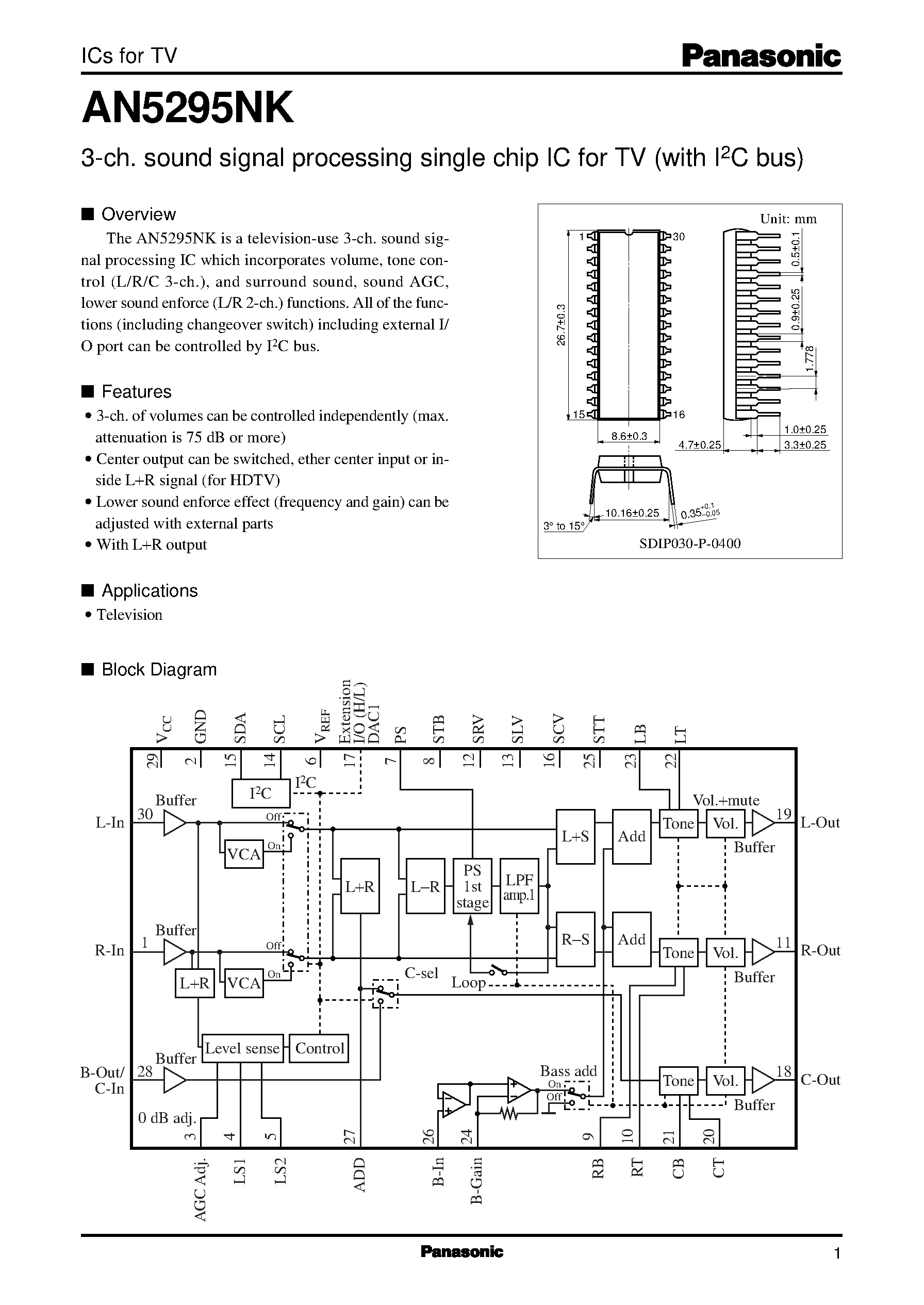 Datasheet AN5295NK page 1 Datasheet AN5295NK - 3-ch. sound signal processing single chip IC for TV with I2C bus page 1