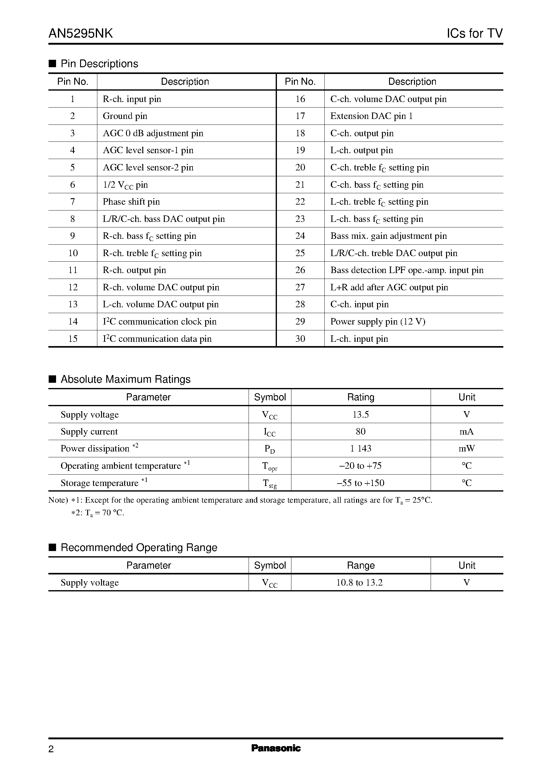 Datasheet AN5295NK page 2 Datasheet AN5295NK - 3-ch. sound signal processing single chip IC for TV with I2C bus page 2