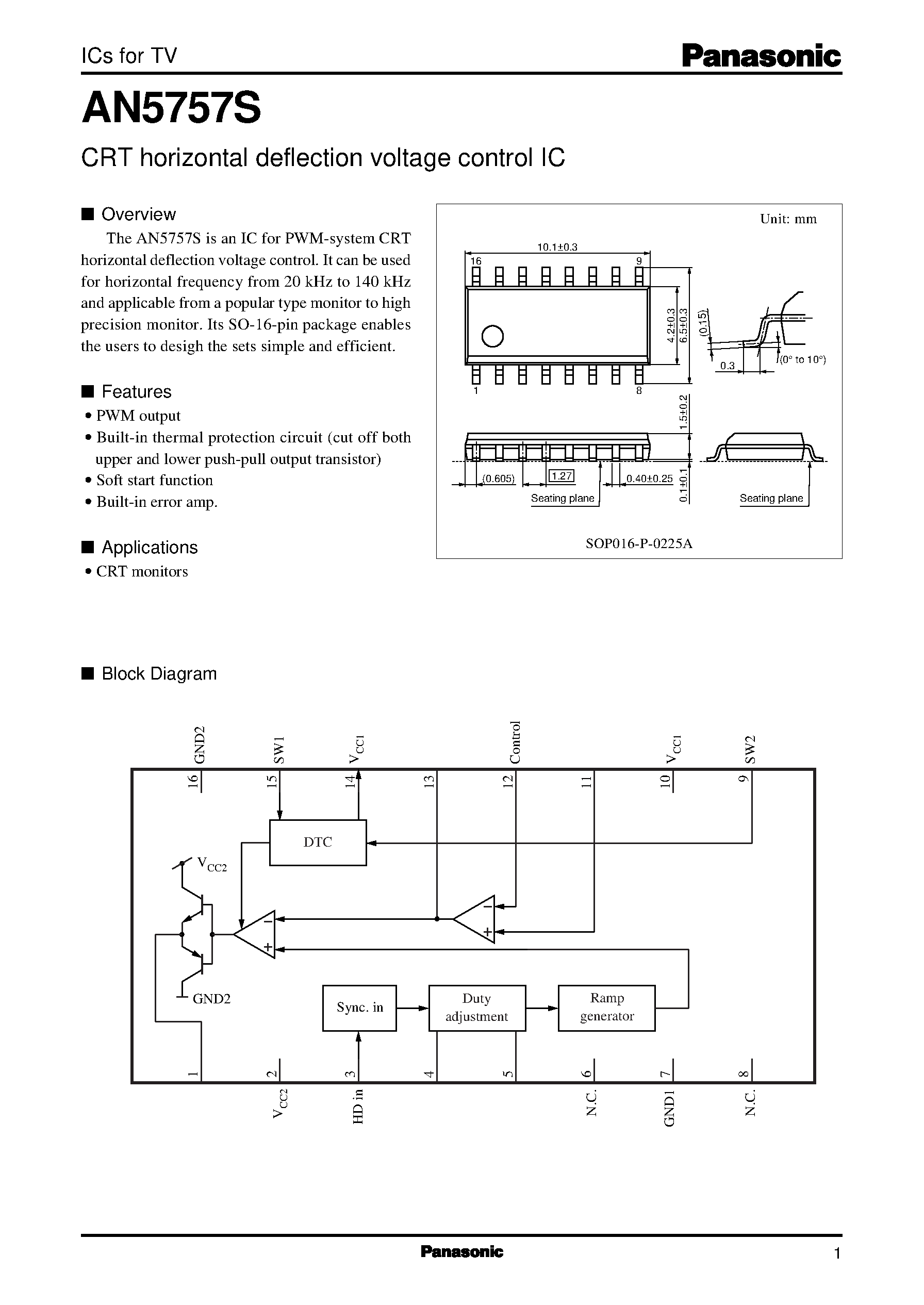 Даташит на микросхему AN5763 страница 1 Даташит AN5763 - VERTICAL DEFLECTION SIGNAL PROCESSING AND OUTPUT IC FOR B/W TV страница 1
