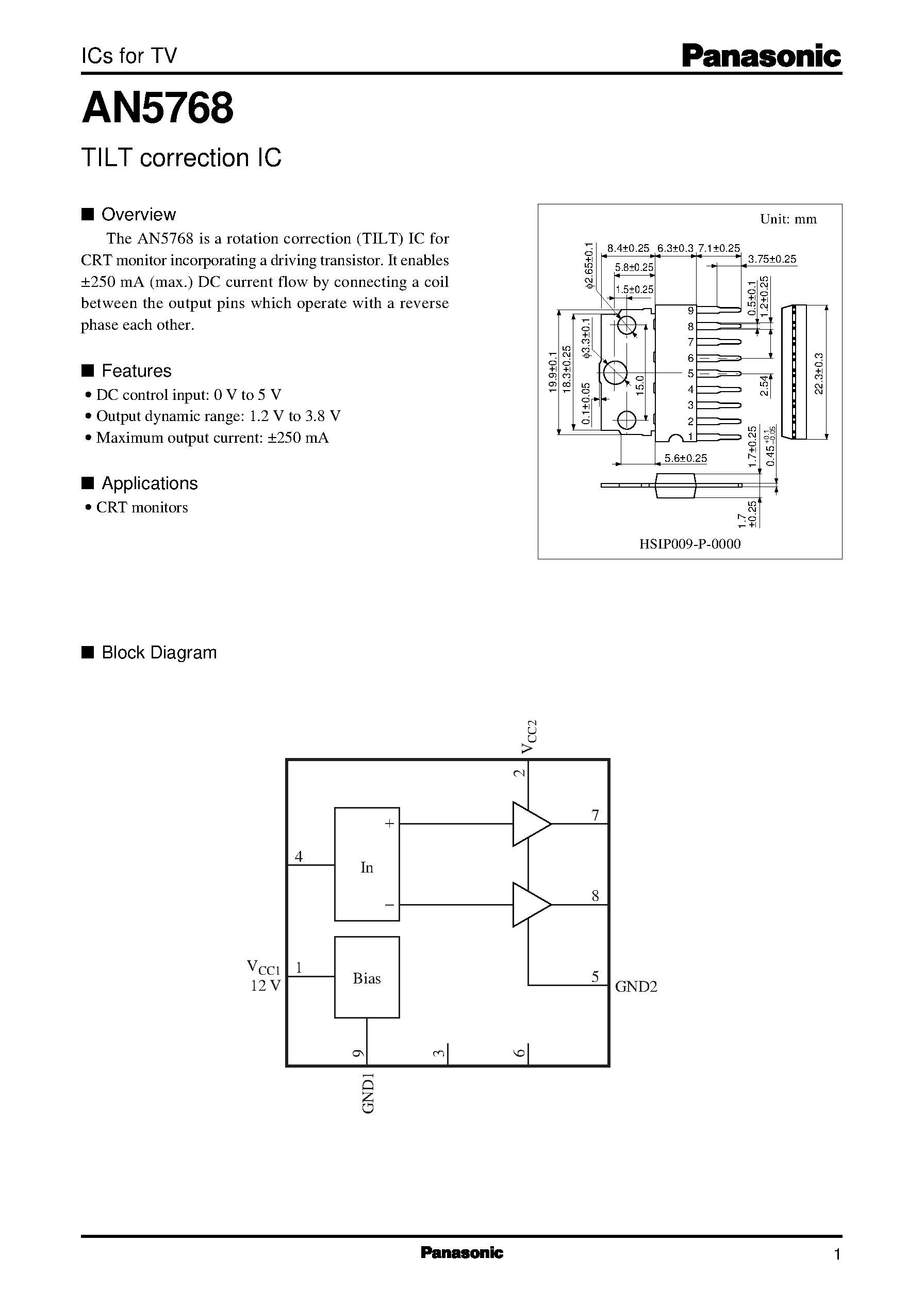 Datasheet AN5769 page 1 Datasheet AN5769 - H/V convergence correction IC page 1