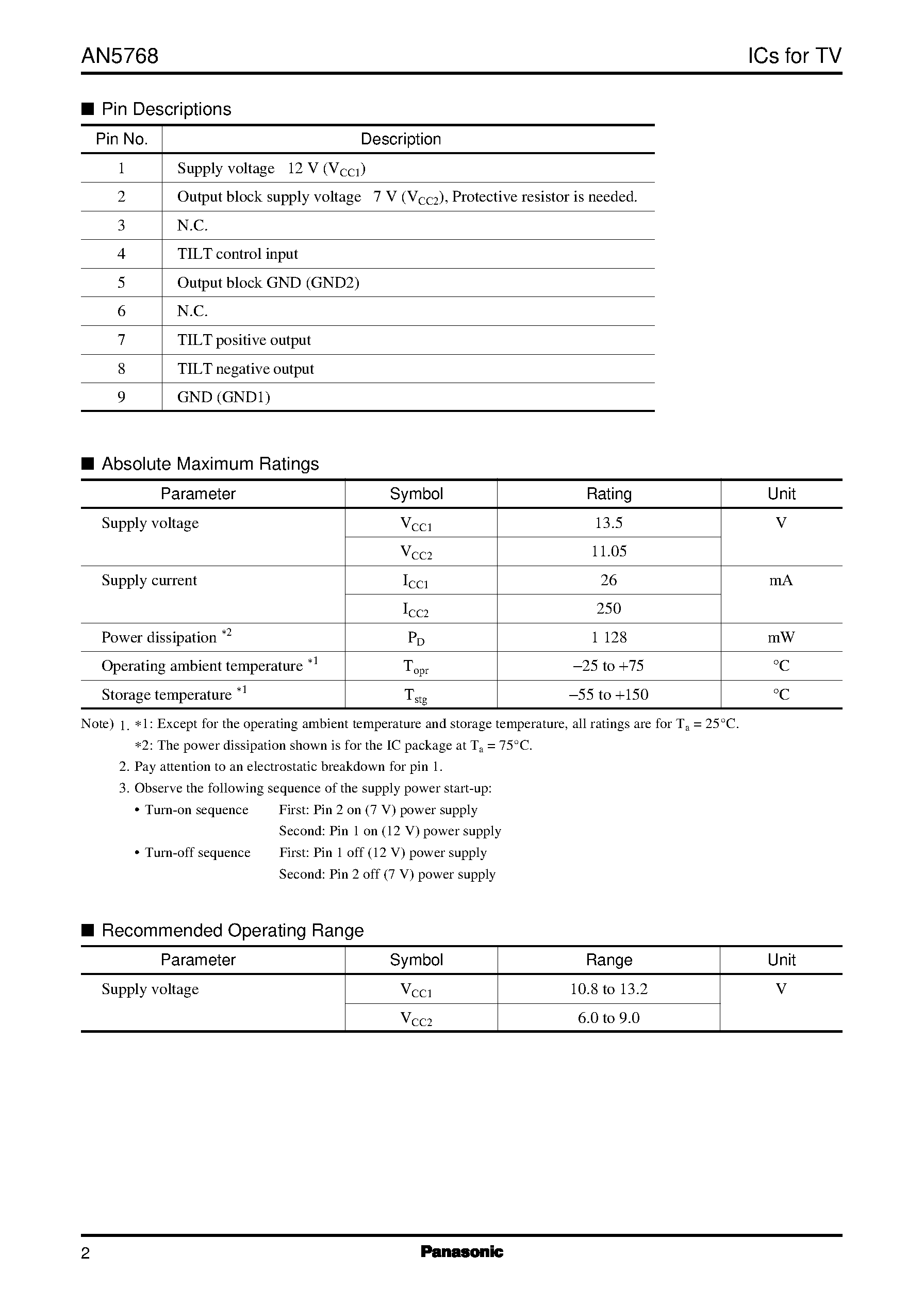 Datasheet AN5769 page 2 Datasheet AN5769 - H/V convergence correction IC page 2