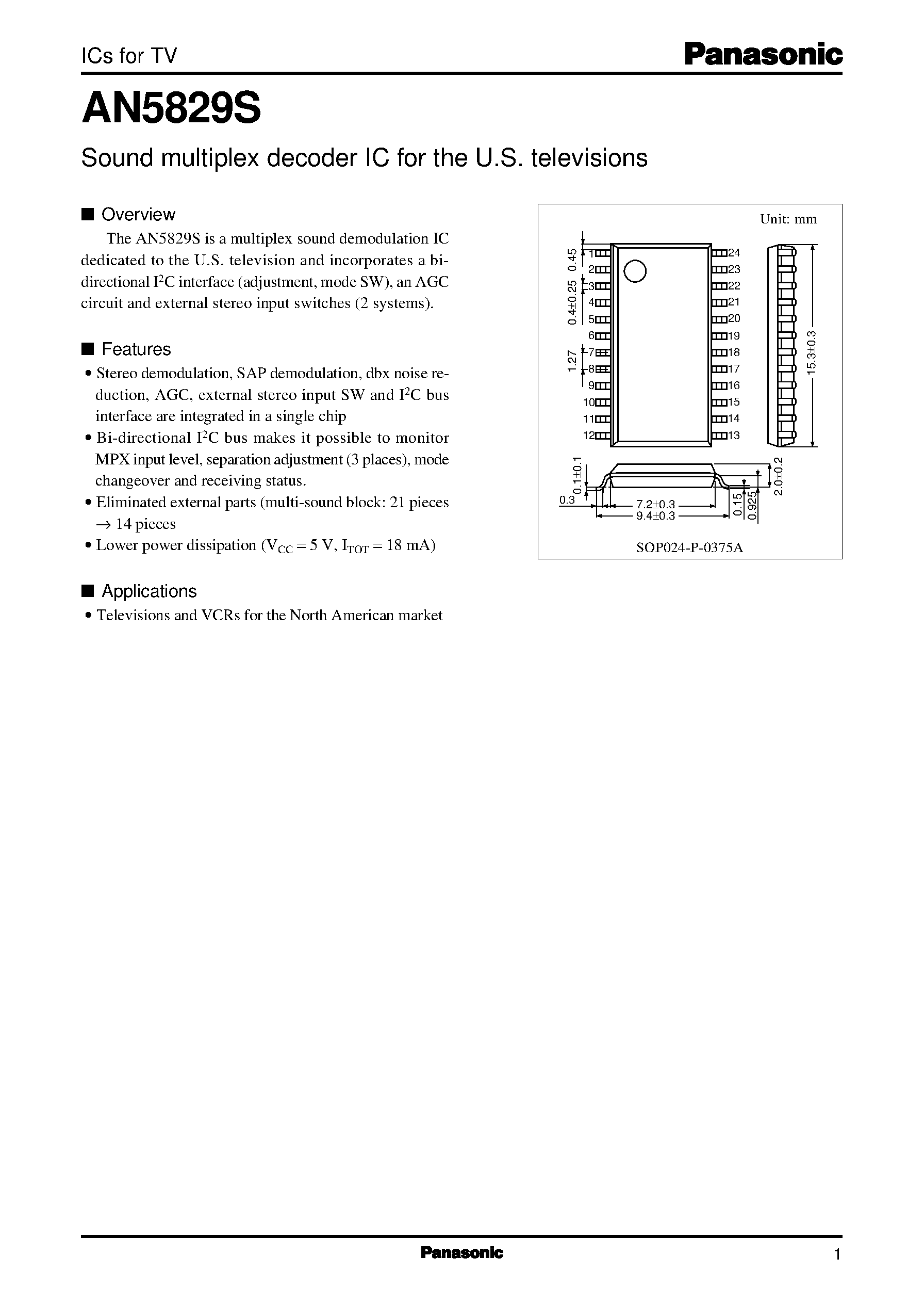 Даташит на микросхему AN5829S страница 1 Даташит AN5829S - Sound multiplex decoder IC for the U.S. televisions страница 1