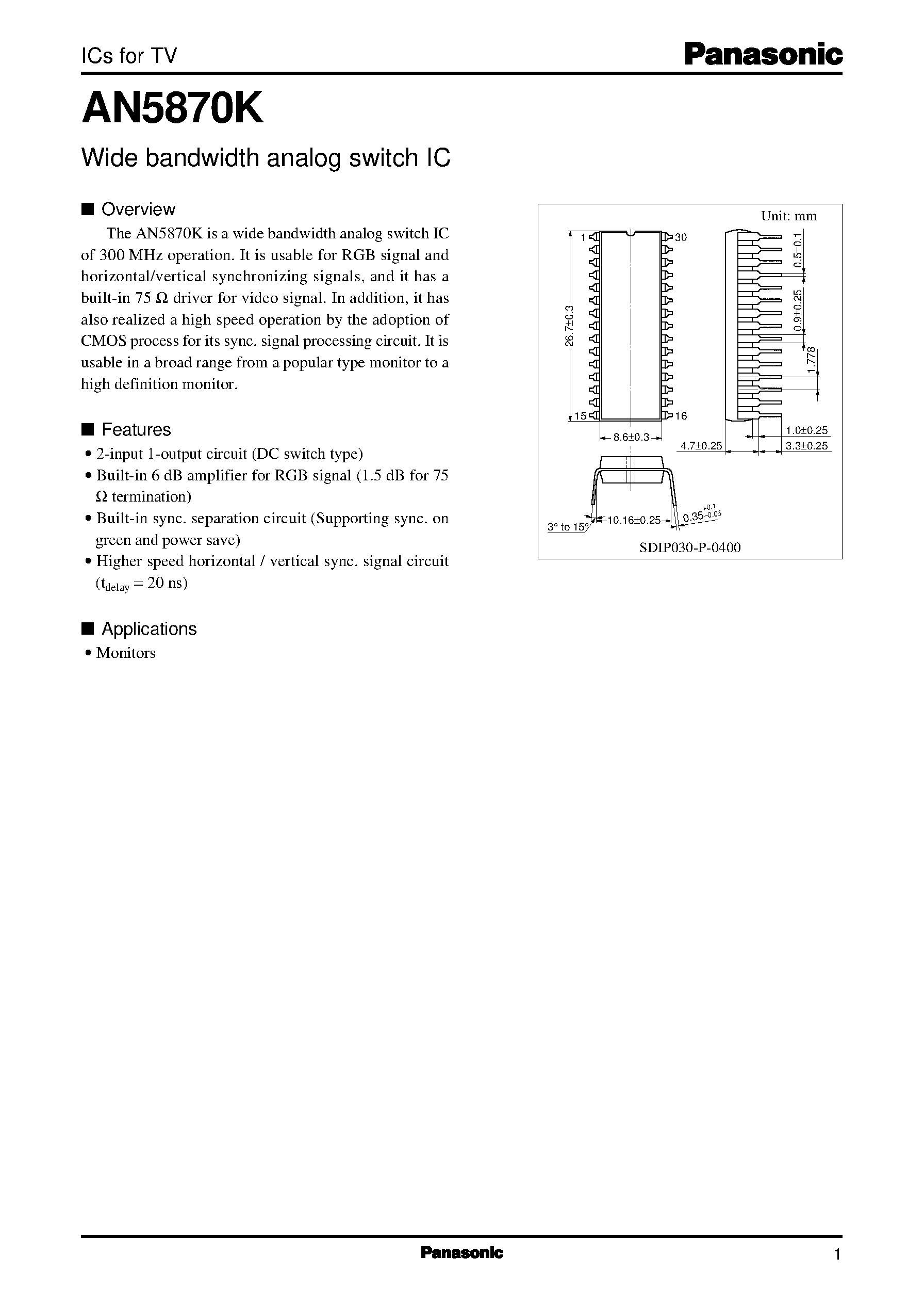 Даташит на микросхему AN5870K страница 1 Даташит AN5870K - Wide bandwidth analog switch IC страница 1
