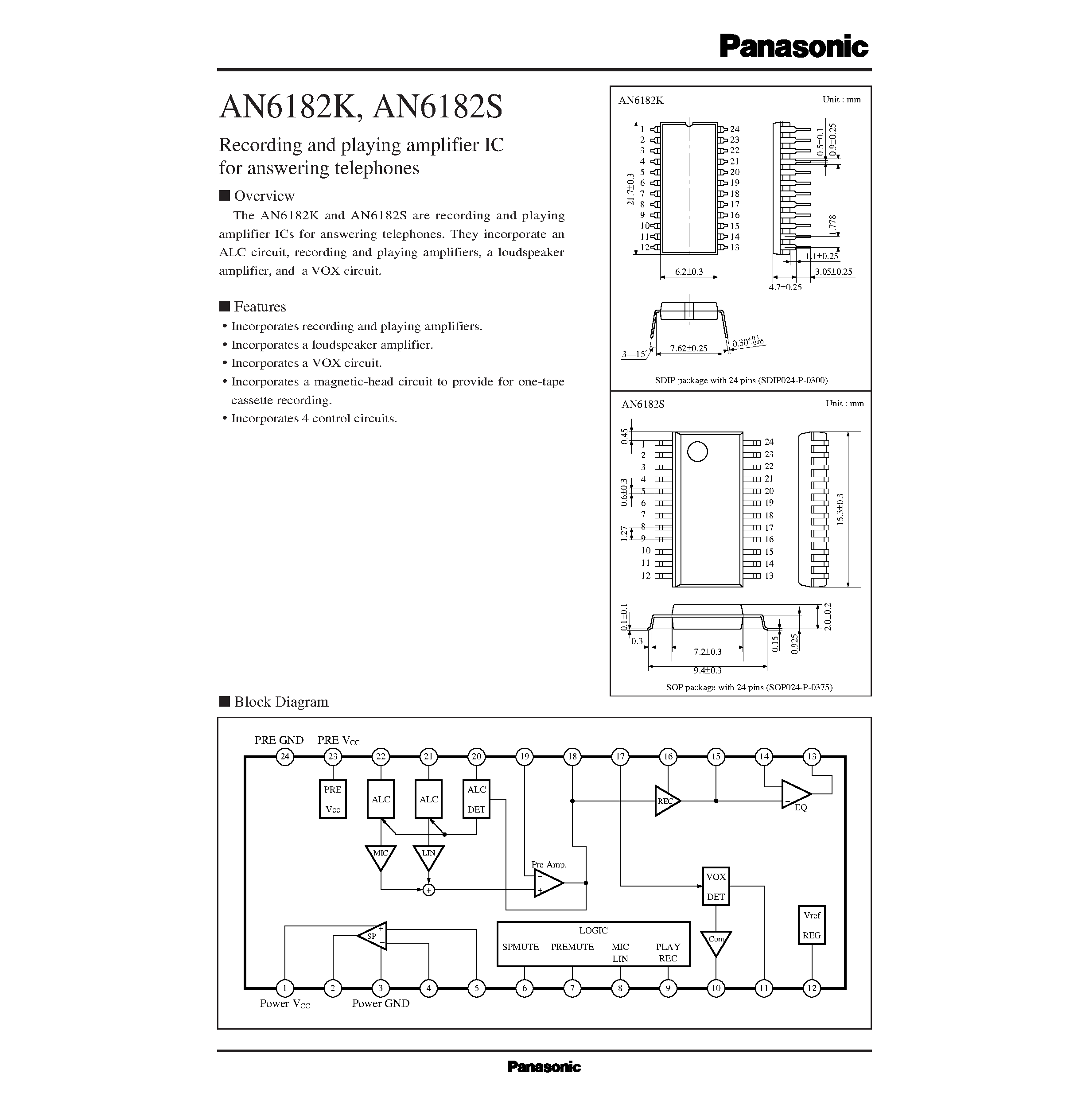 Даташит AN6210 - DUAL RECORDING AND PLAYBACK AMPLIFIER CIRCUIT FOR STEREO TAPE RECORDERS страница 1