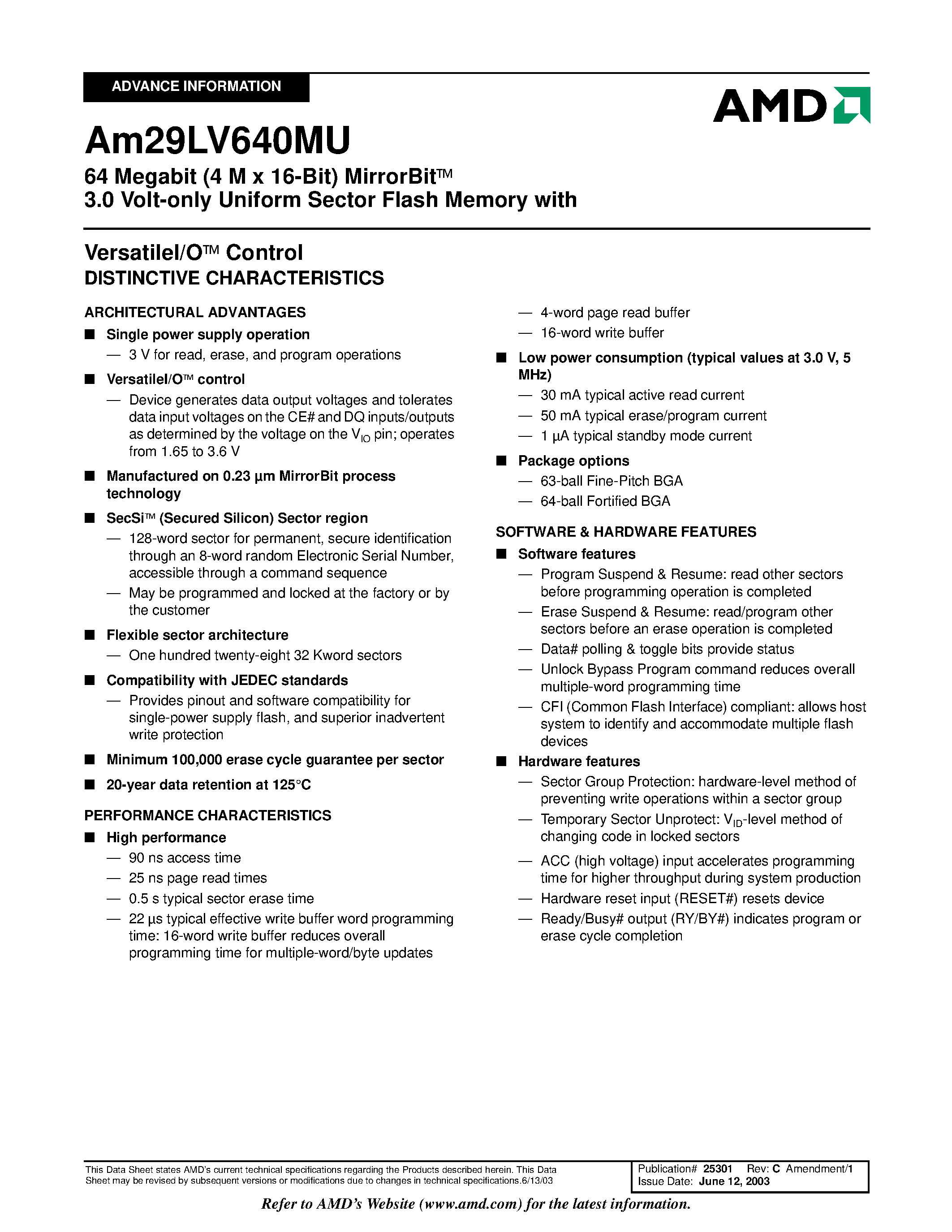 Даташит AM29LV64MU120RWHI - 64 Megabit (4 M x 16-Bit) MirrorBit 3.0 Volt-only Uniform Sector Flash Memory with страница 2