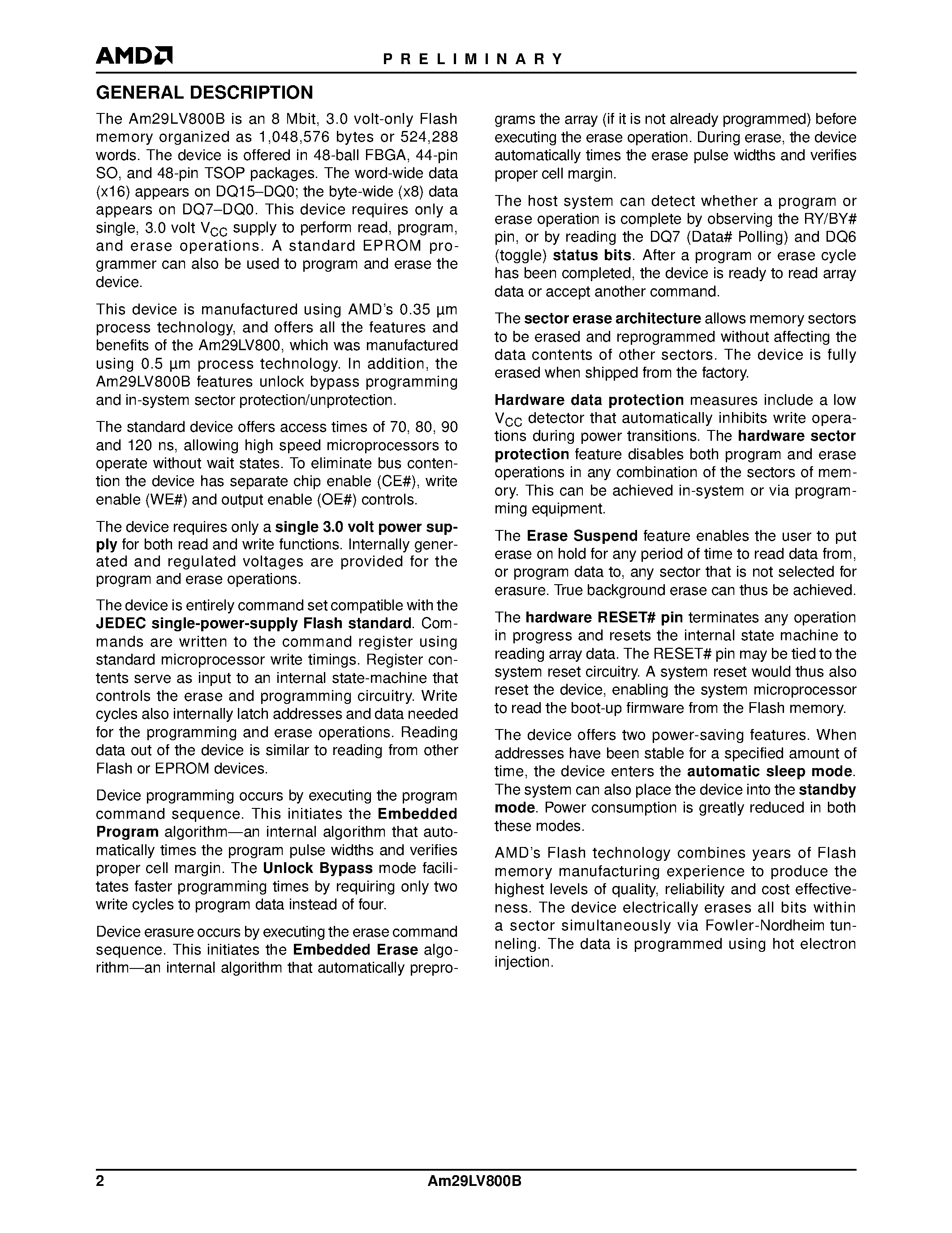 Datasheet Am29LV800BB80SEB page 2 Datasheet Am29LV800BB80SEB - 8 Megabit (1 M x 8-Bit/512 K x 16-Bit) CMOS 3.0 Volt-only Boot Sector Flash Memory page 2