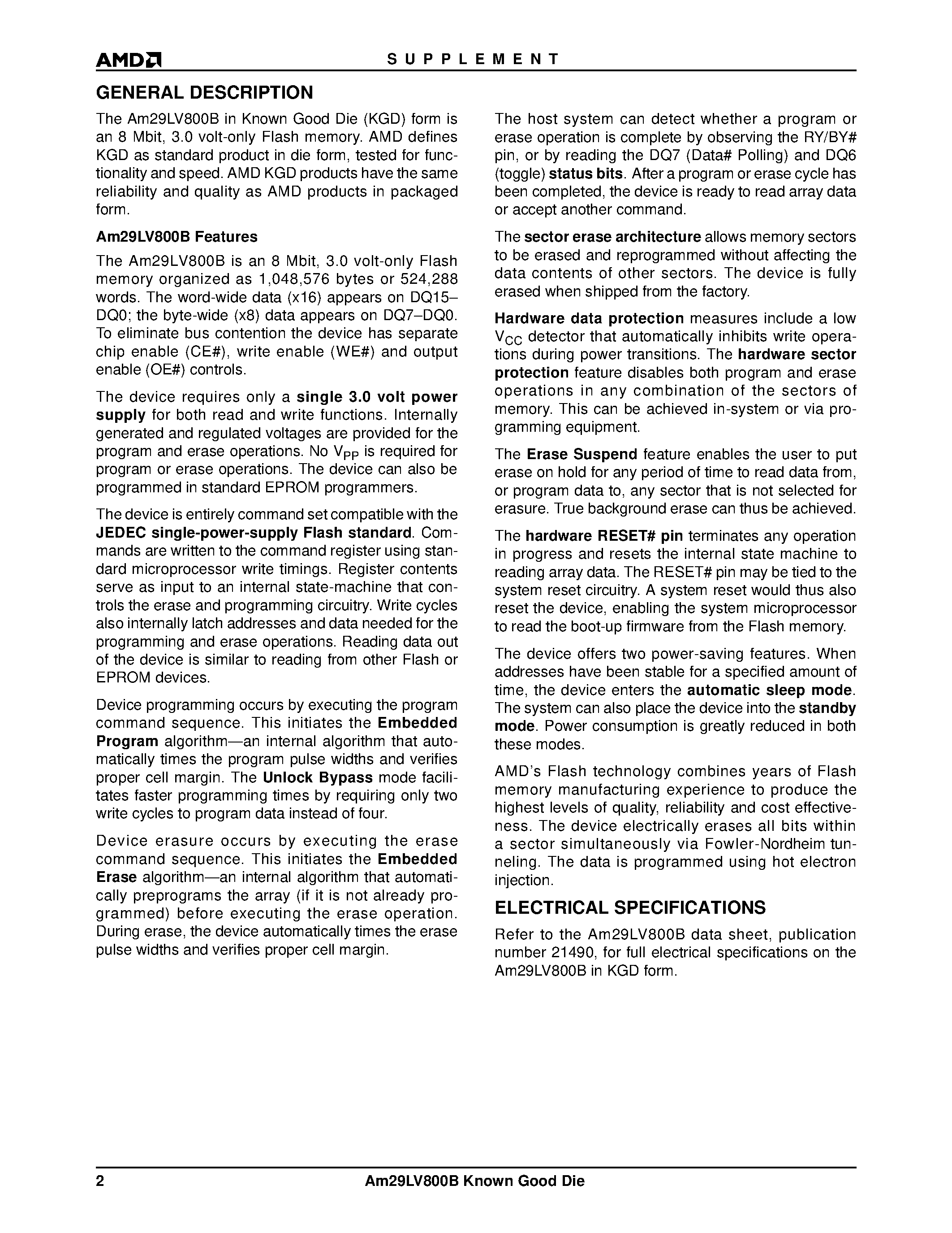 Datasheet Am29LV800BT-90DT5I1 - 8 Megabit (1 M x 8-Bit/512 K x 16-Bit) CMOS 3.0 Volt-only/ Boot Sector Flash Memory-Die Revision 1 page 2