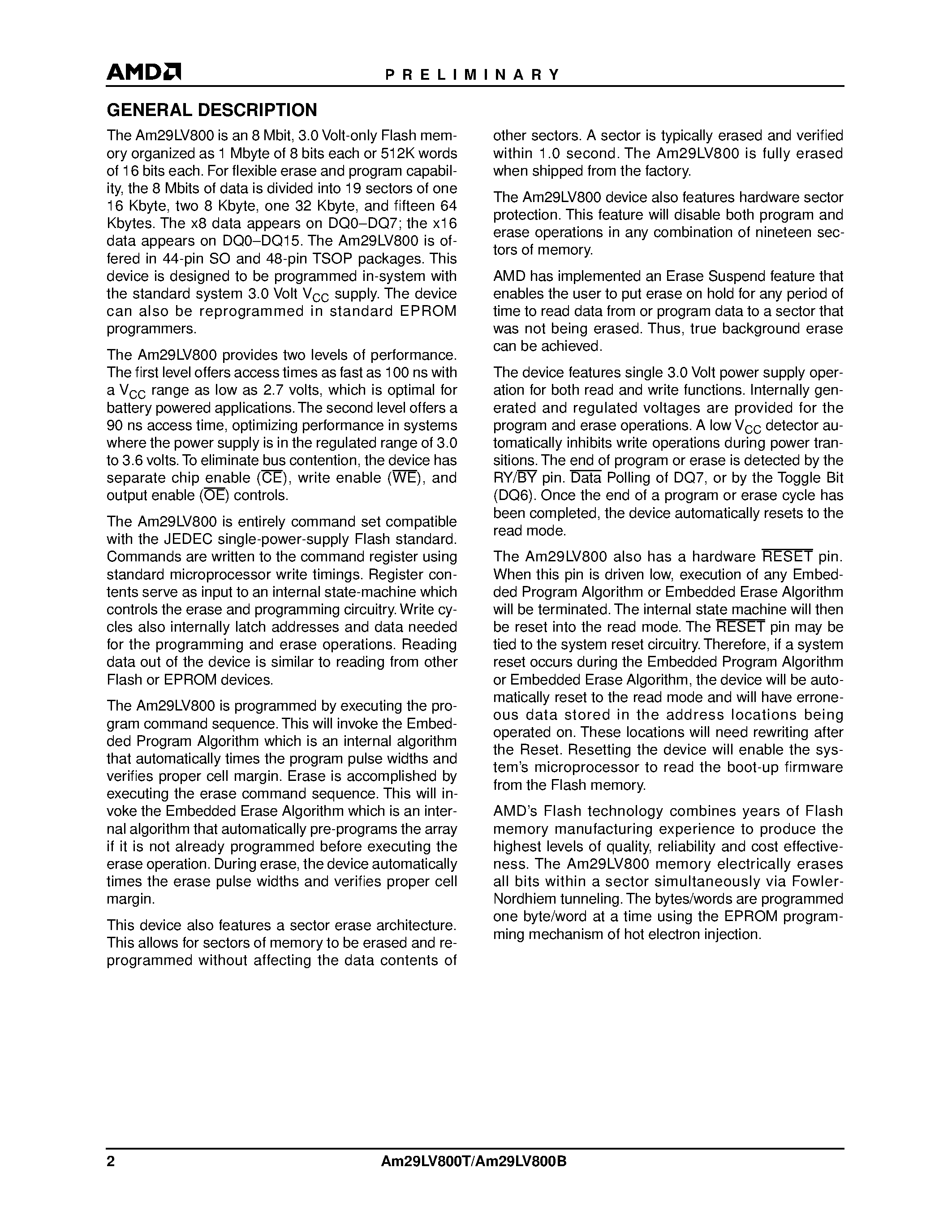 Даташит Am29LV800T-120 - 8 Megabit (1/048/576 x 8-Bit/524/288 x 16-Bit) CMOS 3.0 Volt-only/ Sectored Flash Memory страница 2