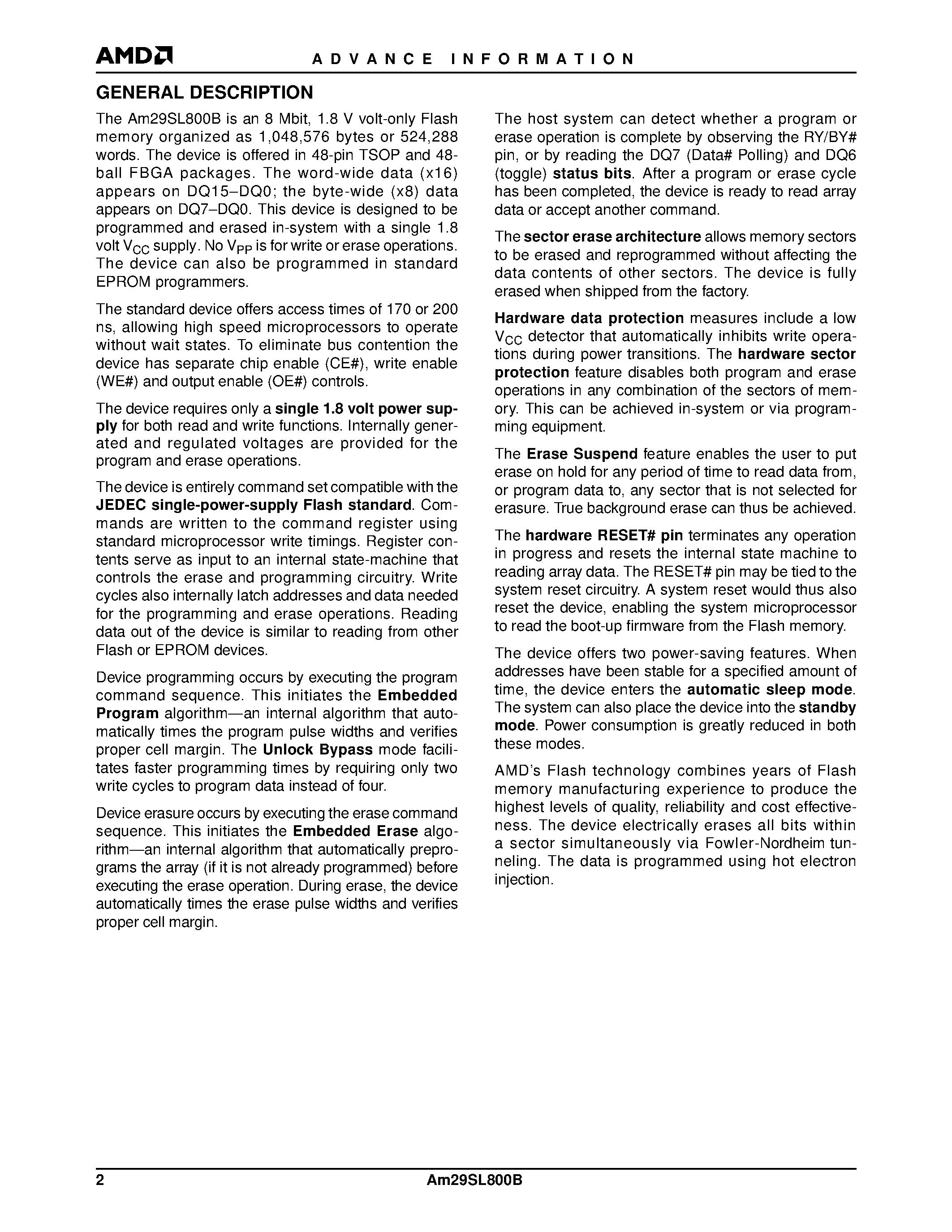 Datasheet Am29SL800BT200FIB page 2 Datasheet Am29SL800BT200FIB - 8 Megabit (1 M x 8-Bit/512 K x 16-Bit) CMOS 1.8 Volt-only Super Low Voltage Flash Memory page 2