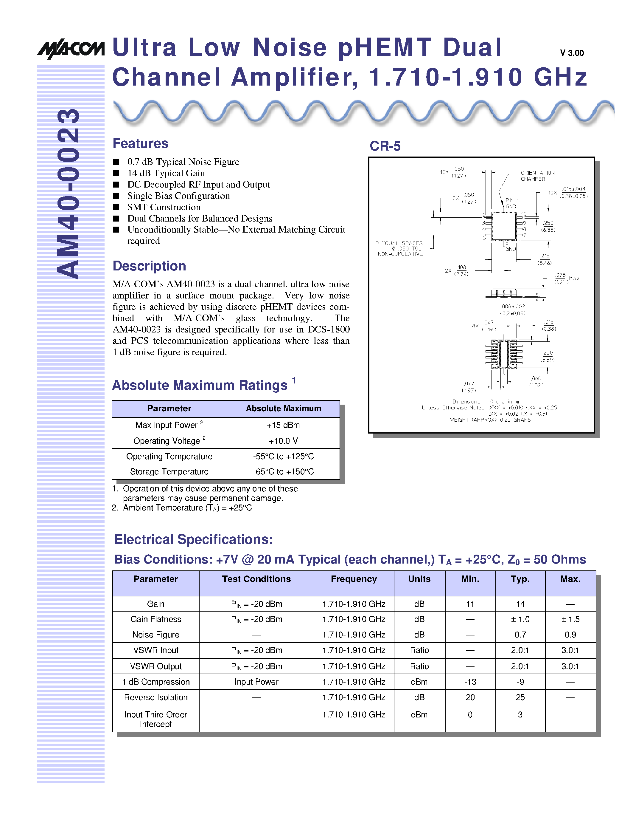 Даташит на микросхему AM40-0023 страница 1 Даташит AM40-0023 - Ultra Low Noise pHEMT Dual Channel Amplifier/ 1.710-1.910 GHz страница 1
