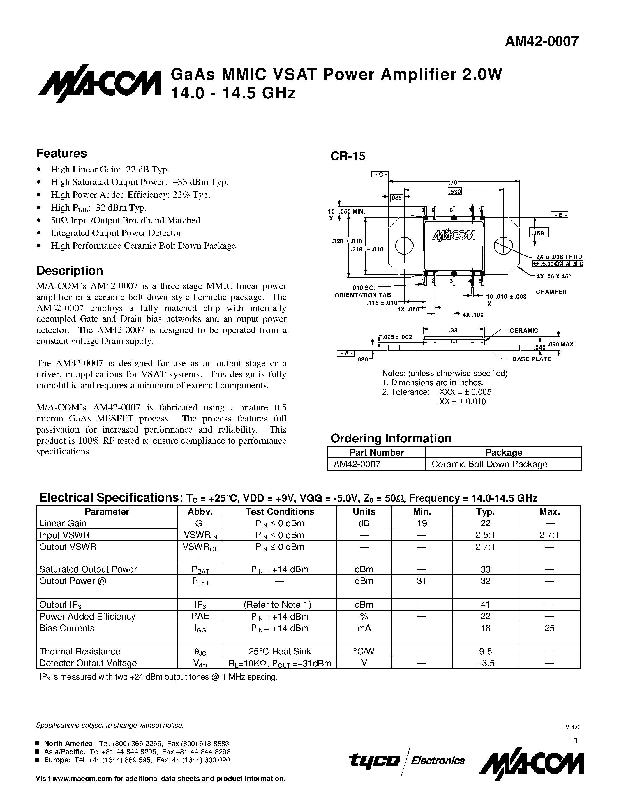 Datasheet AM42-0007 page 1 Datasheet AM42-0007 - GaAs MMIC VSAT Power Amplifier 2.0W 14.0 - 14.5 GHz page 1
