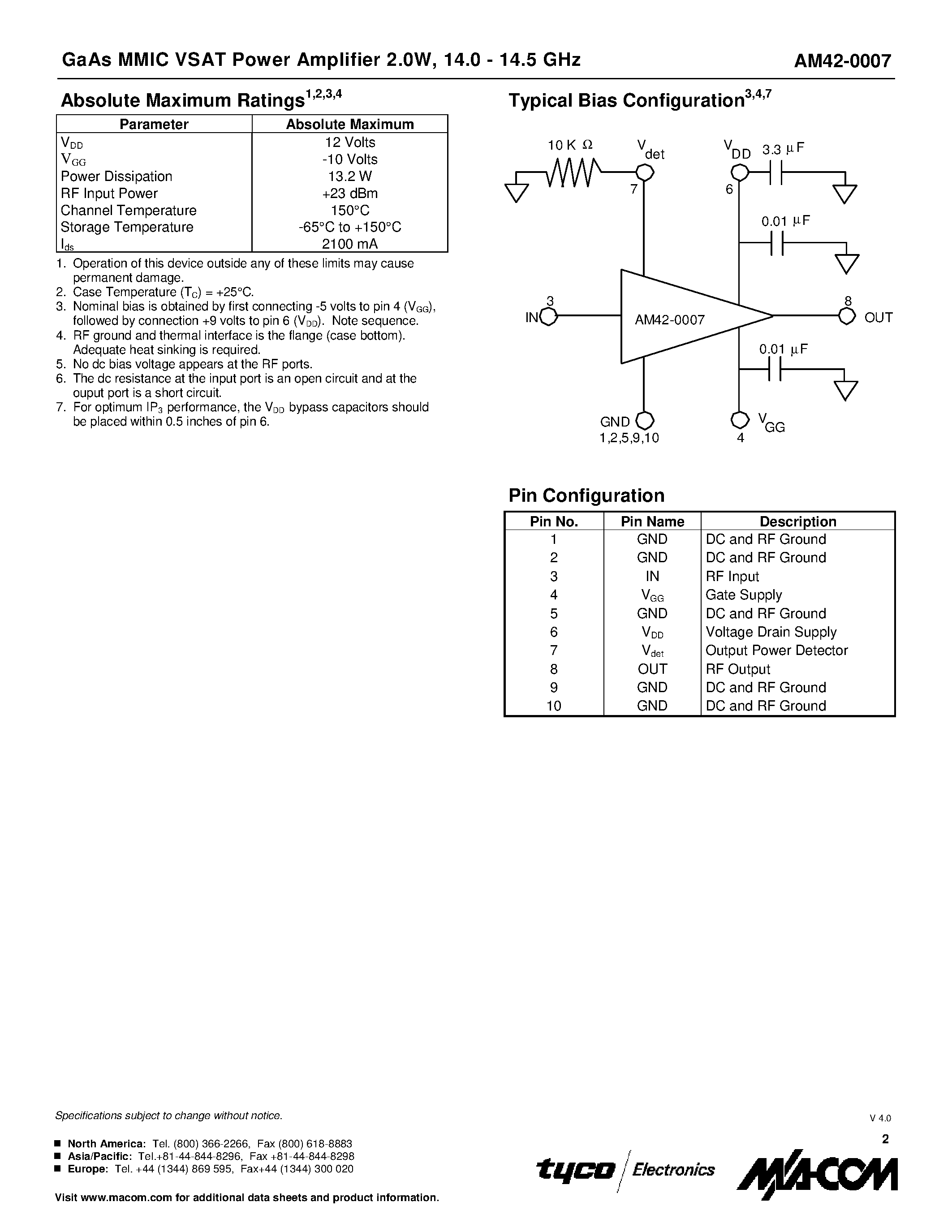 Datasheet AM42-0007 page 2 Datasheet AM42-0007 - GaAs MMIC VSAT Power Amplifier 2.0W 14.0 - 14.5 GHz page 2