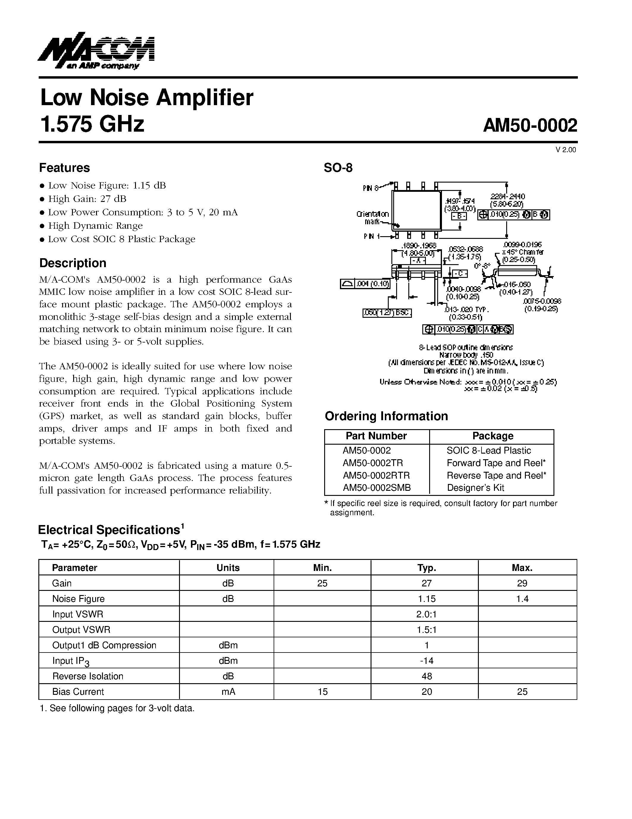 Даташит AM50-0002SMB - Low Noise Amplifier 1.575 GHz страница 1