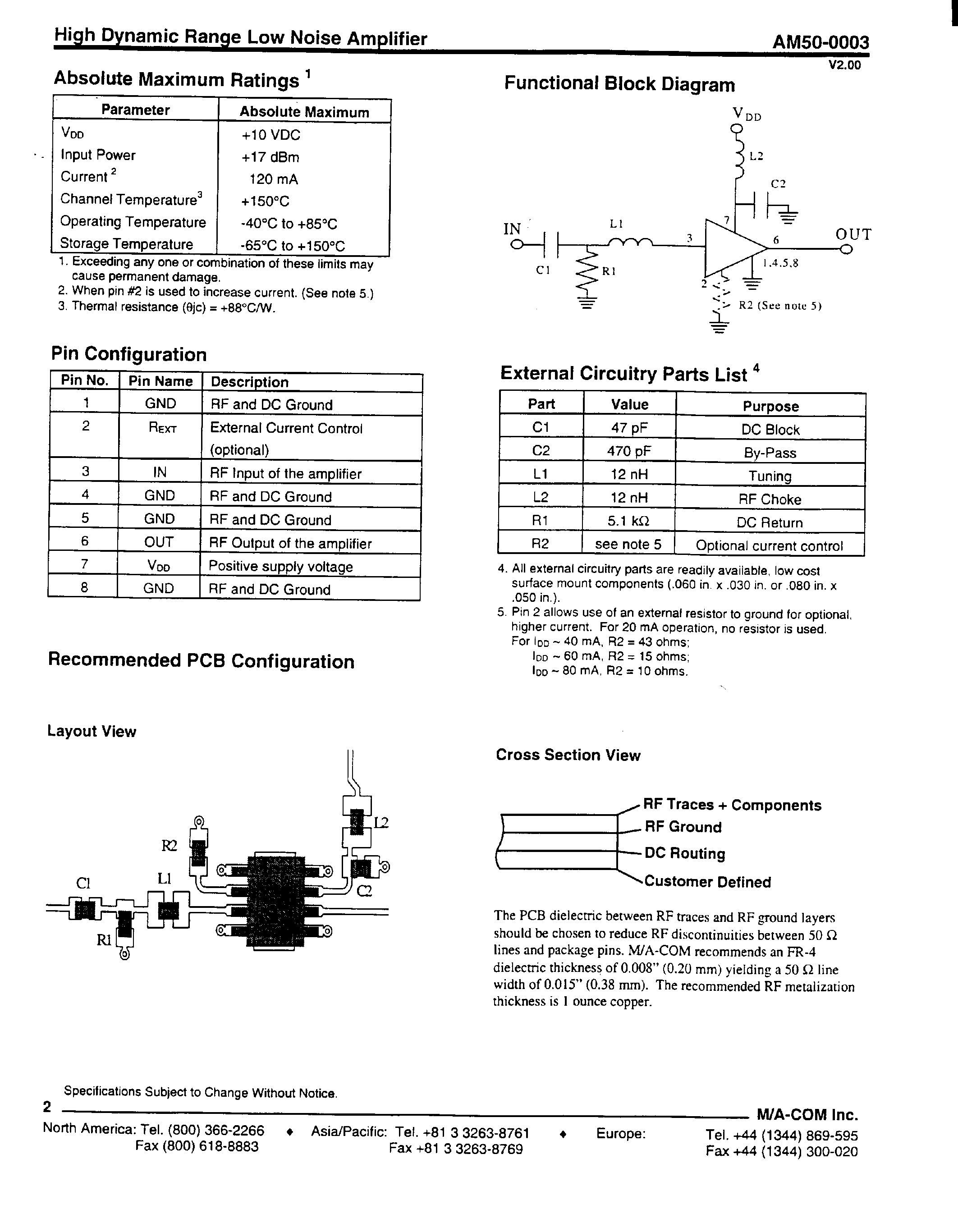 Даташит на микросхему AM50-0003 страница 2 Даташит AM50-0003 - High Dynamic Range Low Noise Amplifier 800-1000 MHz страница 2