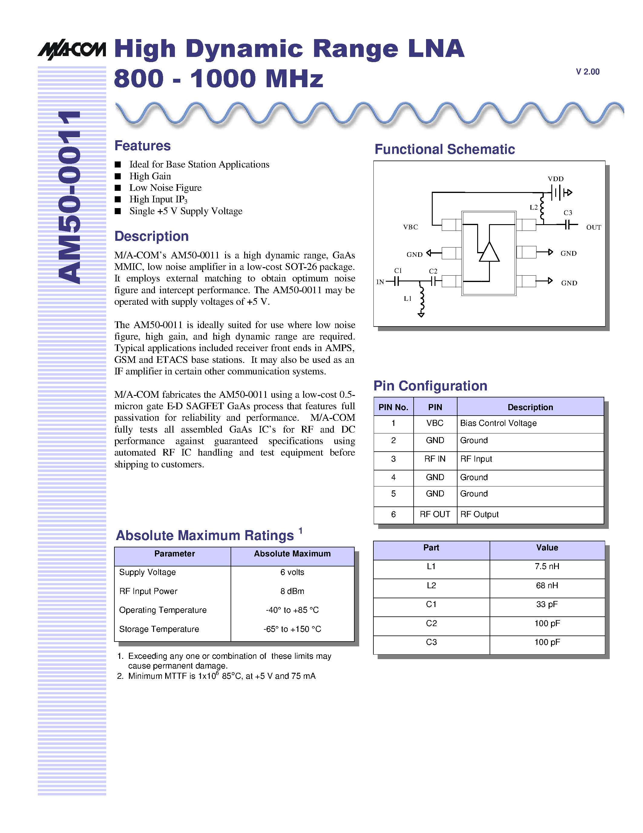 Даташит на микросхему AM50-0011TR страница 1 Даташит AM50-0011TR - High Dynamic Range LNA 800 - 1000 MHz страница 1