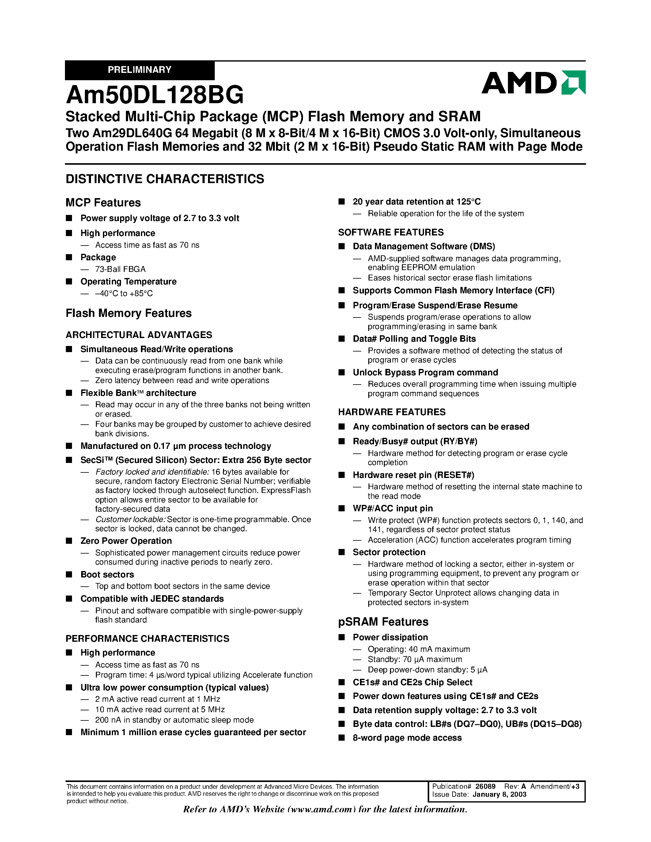 Datasheet Am50DL128BG85I page 2 Datasheet Am50DL128BG85I - Stacked Multi-Chip Package (MCP) Flash Memory and SRAM page 2