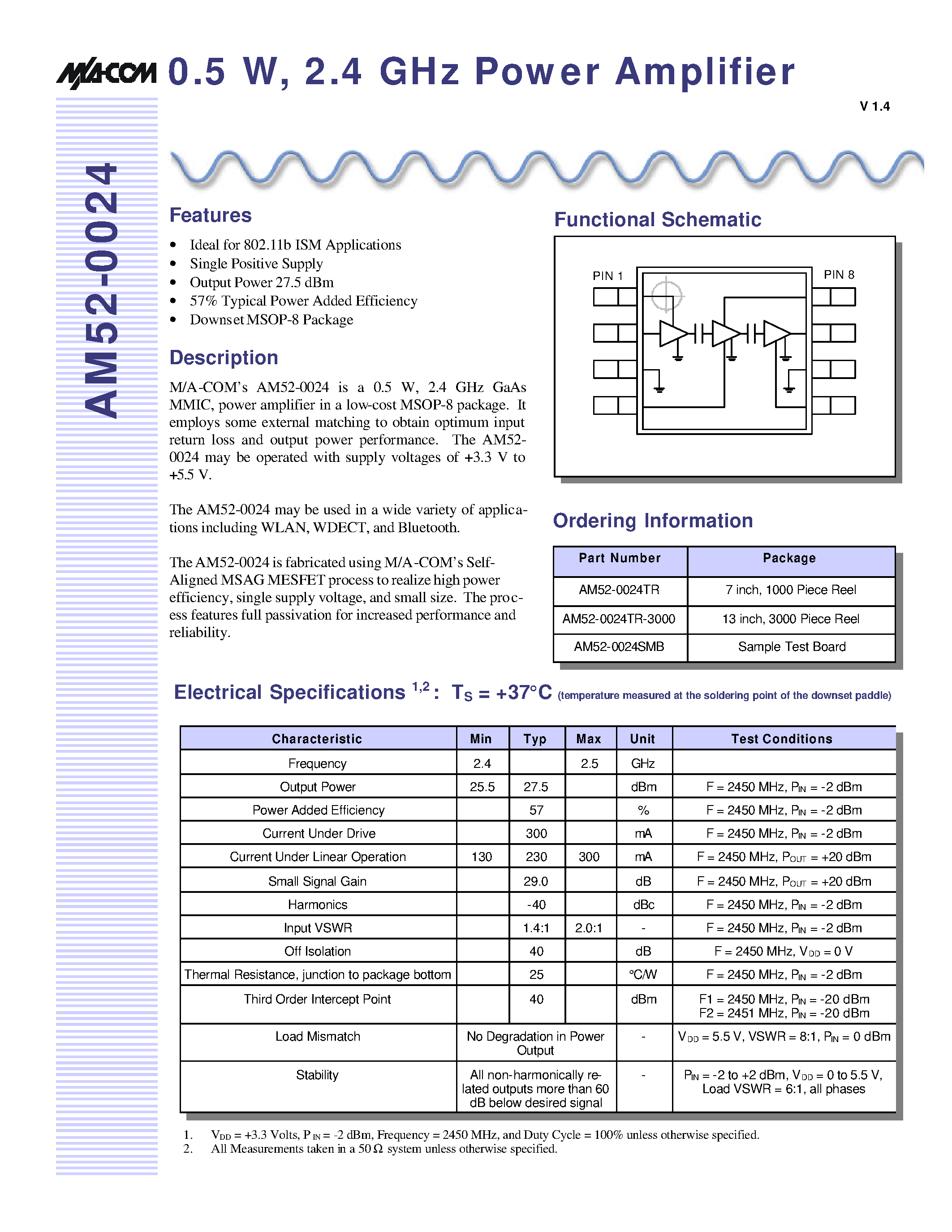 Даташит на микросхему AM52-0024TR страница 1 Даташит AM52-0024TR - 0.5 W/ 2.4 GHz Power Amplifier страница 1