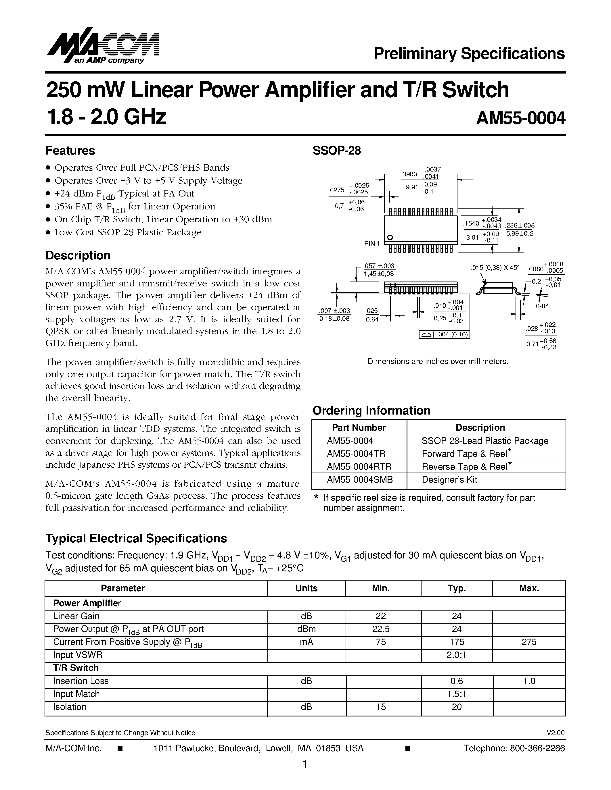 Datasheet AM55-0004 - 250 mW Linear Power Amplifier and T/R Switch 1.8 - 2.0 GHz page 1