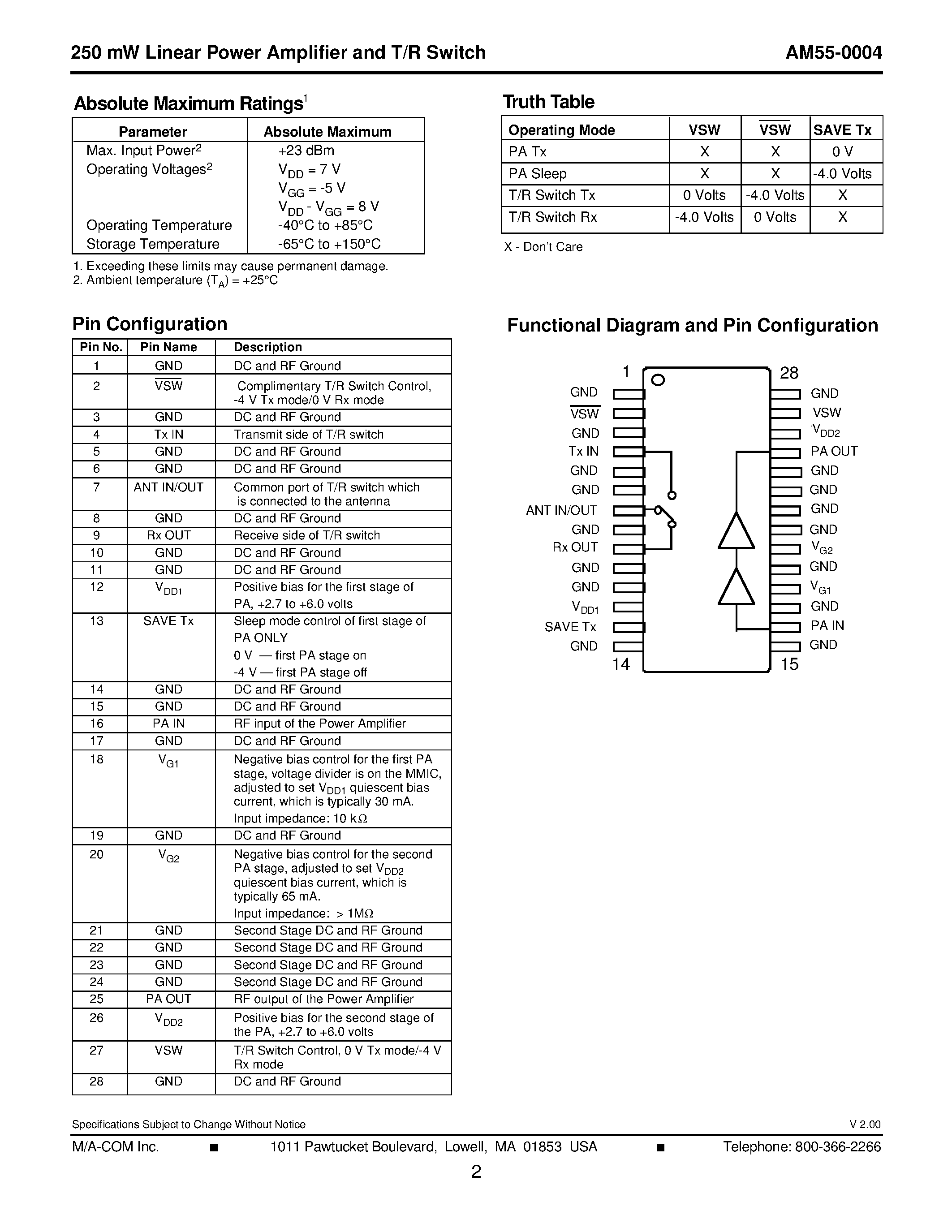 Datasheet AM55-0004RTR page 2 Datasheet AM55-0004RTR - 250 mW Linear Power Amplifier and T/R Switch 1.8 - 2.0 GHz page 2