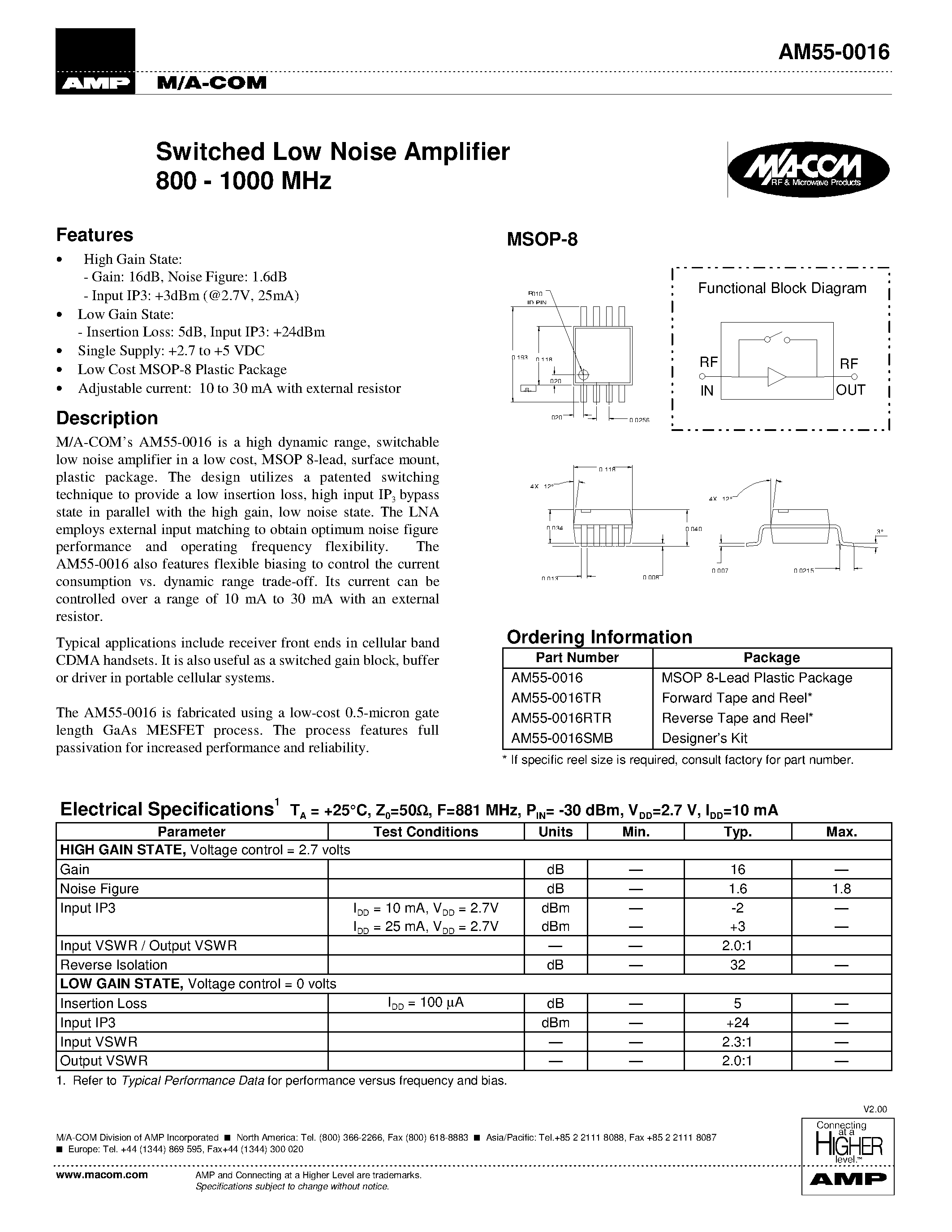 Даташит AM55-0016TR - Switched Low Noise Amplifier 800 - 1000 MHz страница 1