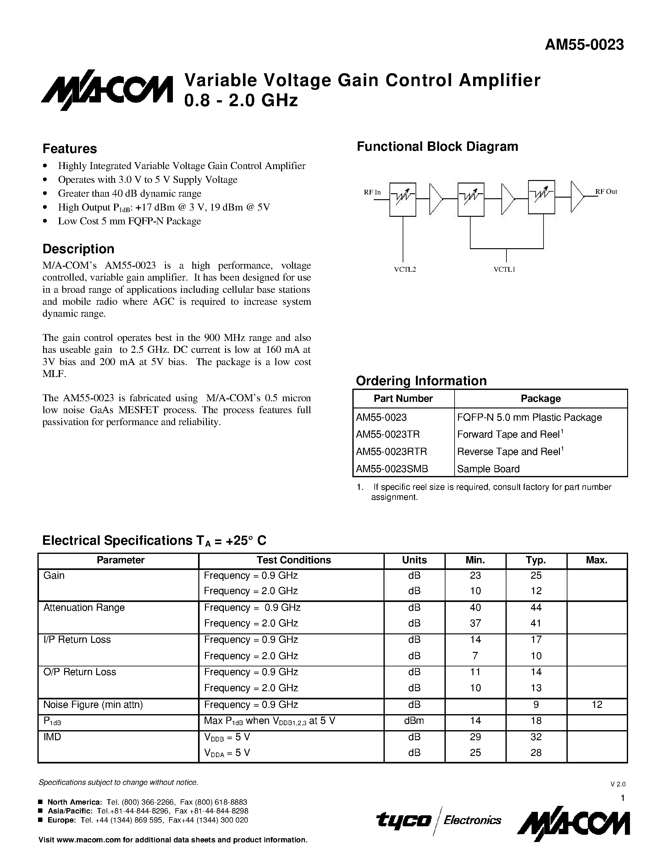 Даташит на микросхему AM55-0023RTR страница 1 Даташит AM55-0023RTR - Variable Voltage Gain Control Amplifier 0.8 - 2.0 GHz страница 1